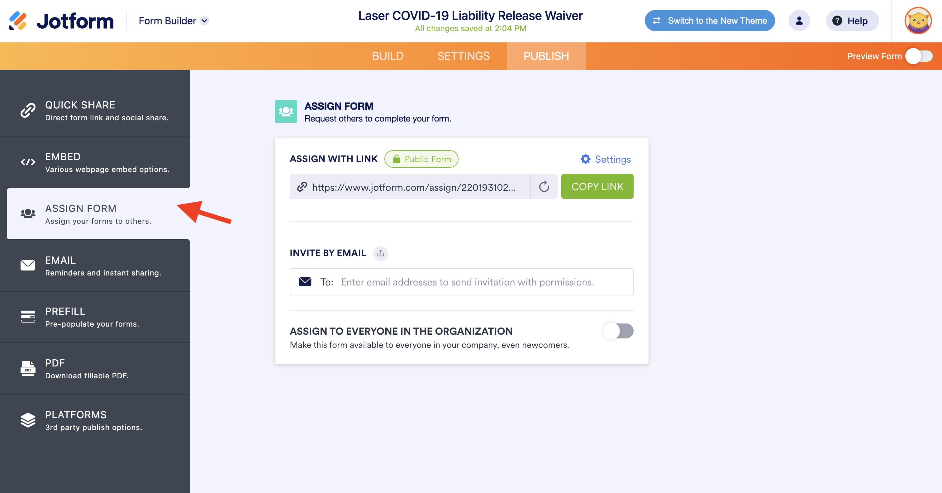 Screenshot of Form Builder Publish Page Clicking on Assign Form 