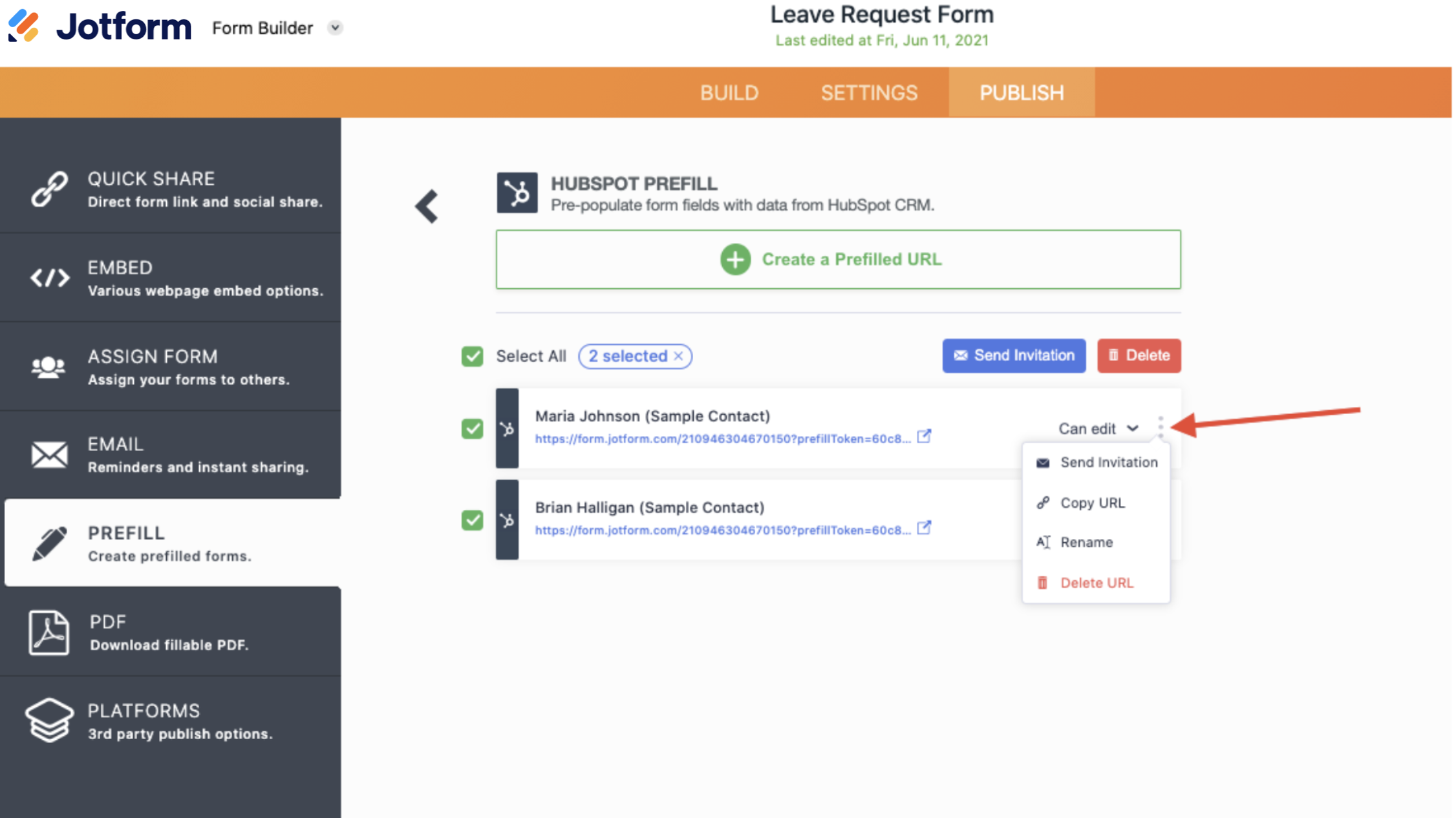 Screenshot of Form Builder Prefill Tab Clicking on the Vertical Elipsis