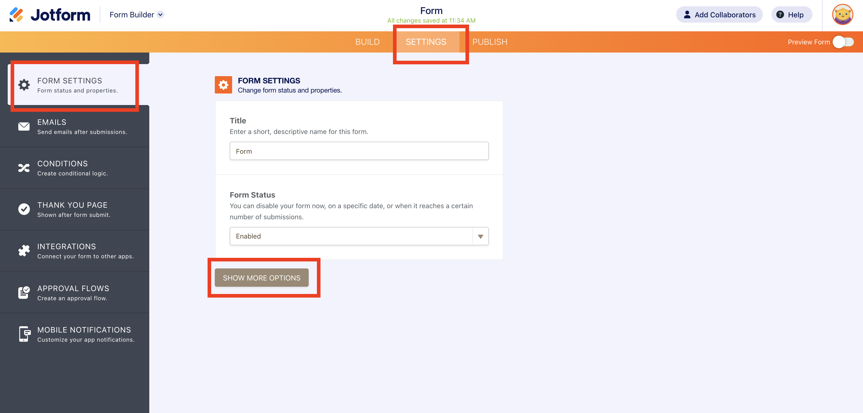 Screenshot of Form Settings Page Clicking on Show More Options
