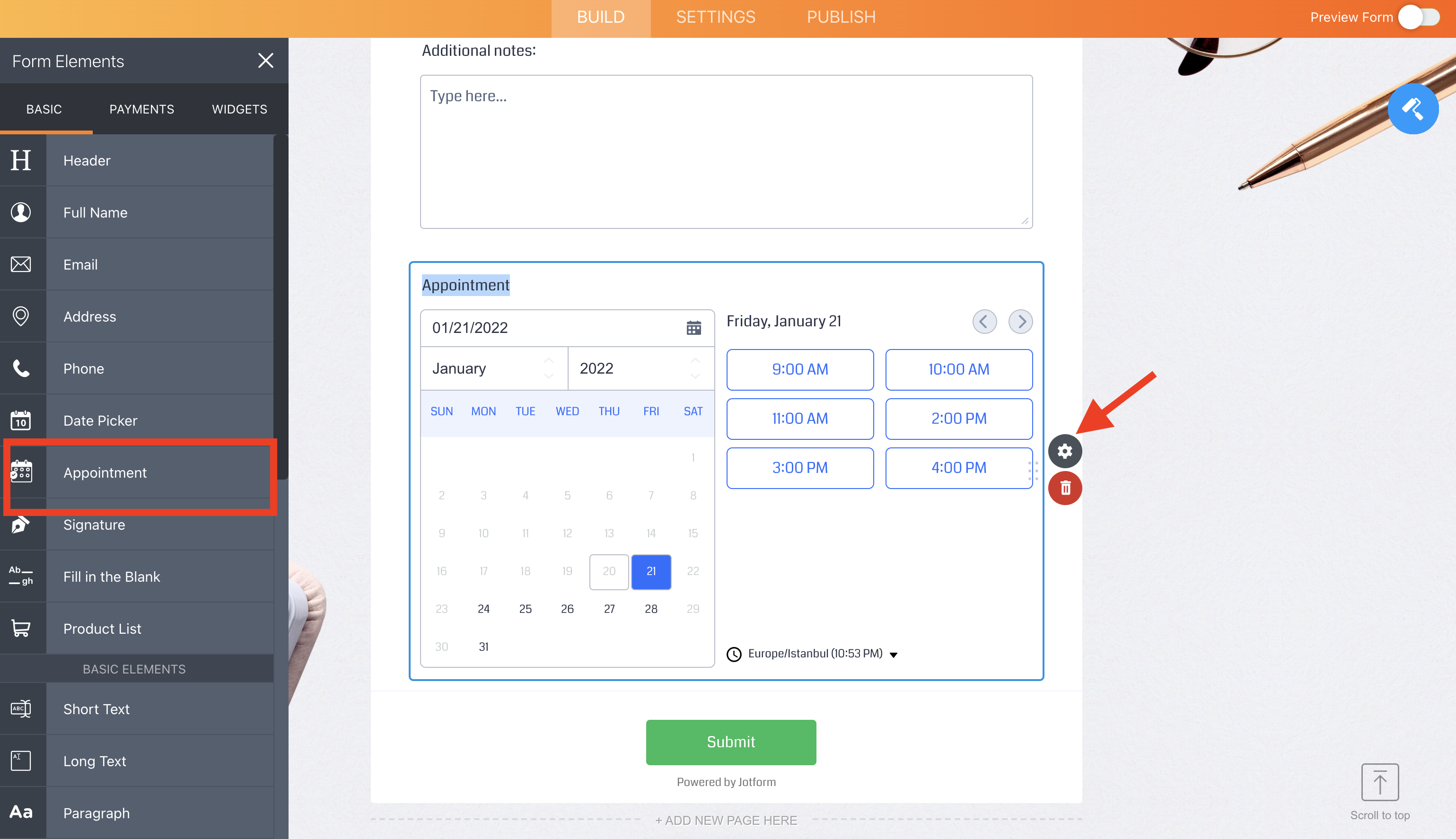 Screenshot of Jotform's Appointment Field