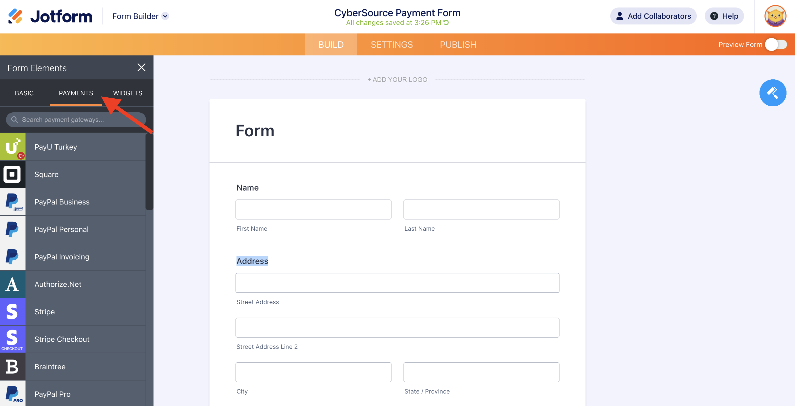 Screenshot of Form Elements Clicking on Payments Tab