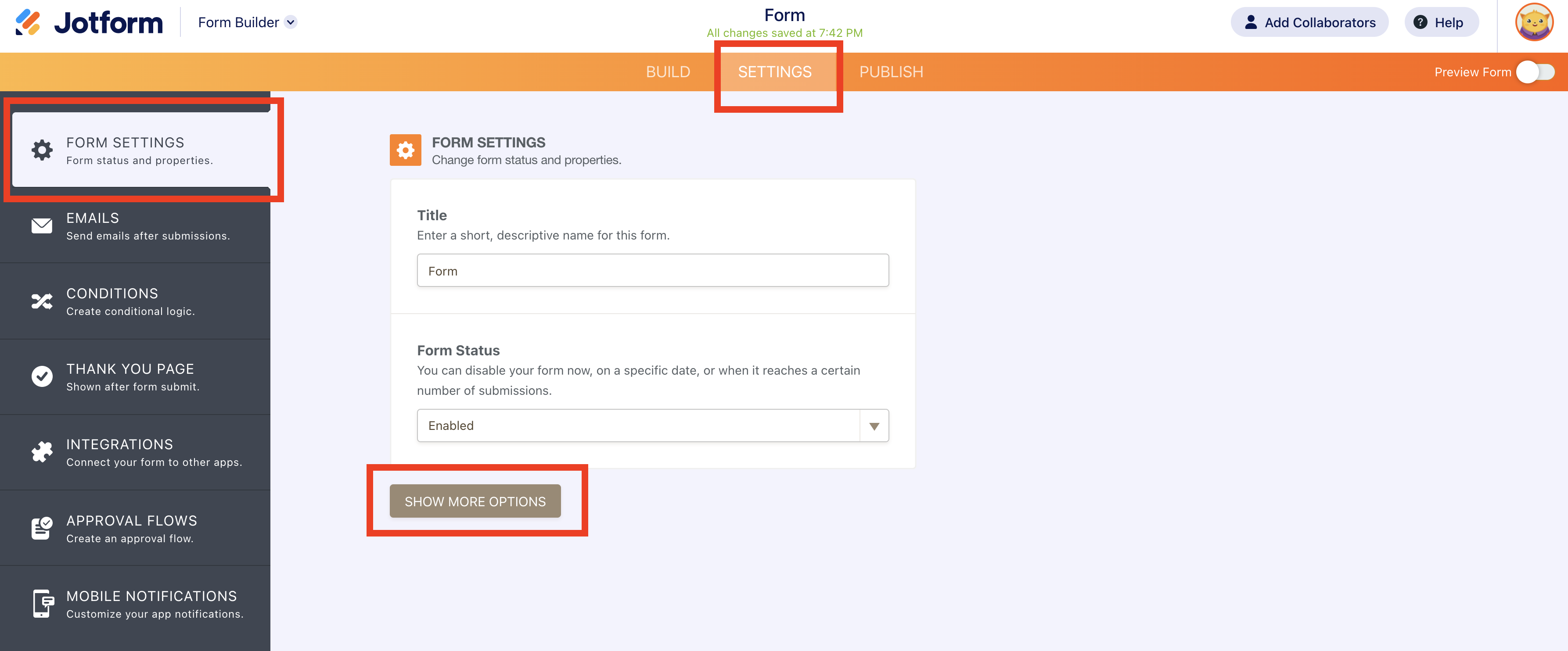 Screenshot of Form Settings Page Clicking on Show More Options