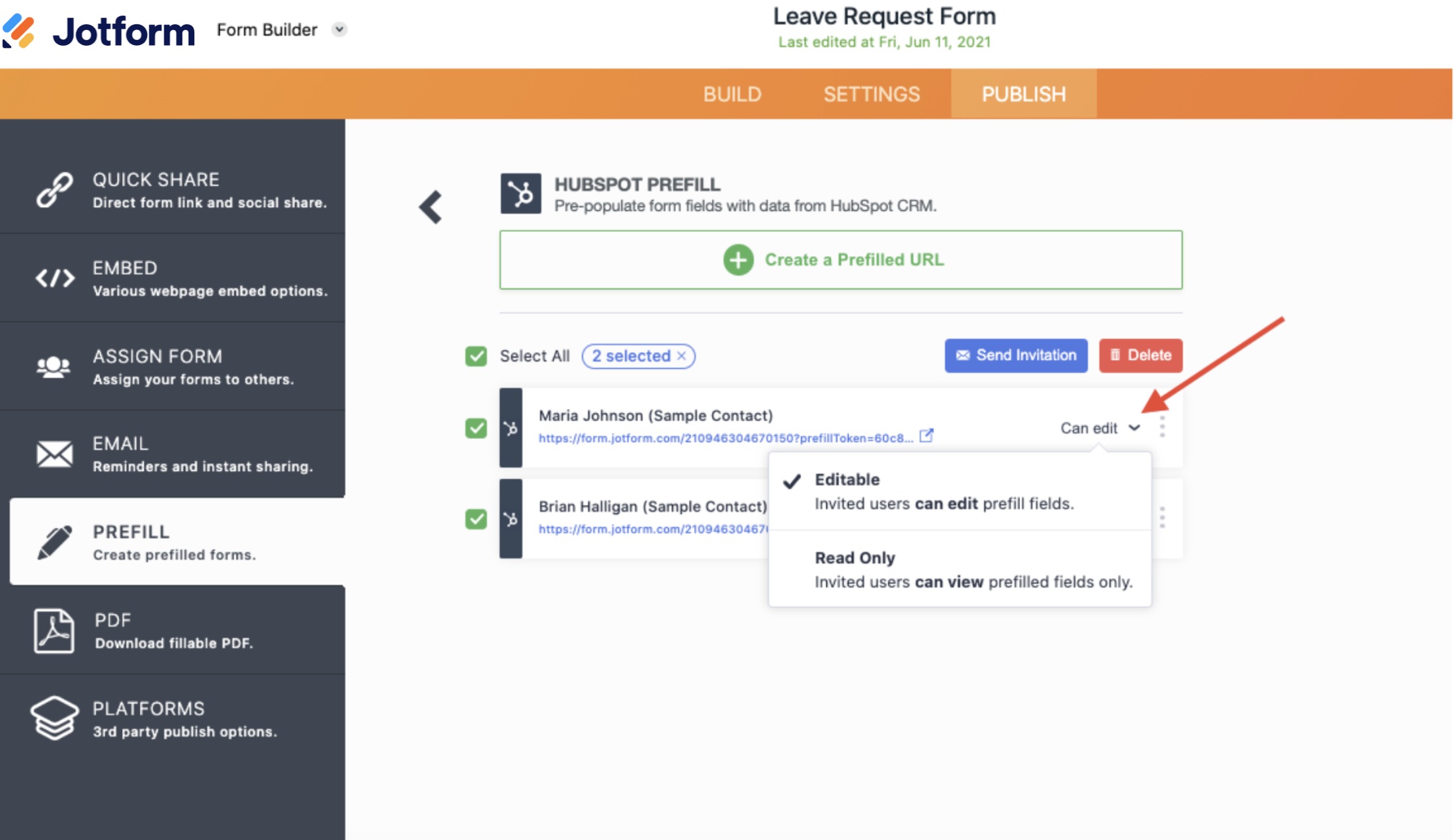 Screenshot of Hubspot Prefill Page Clicking on Can Edit 