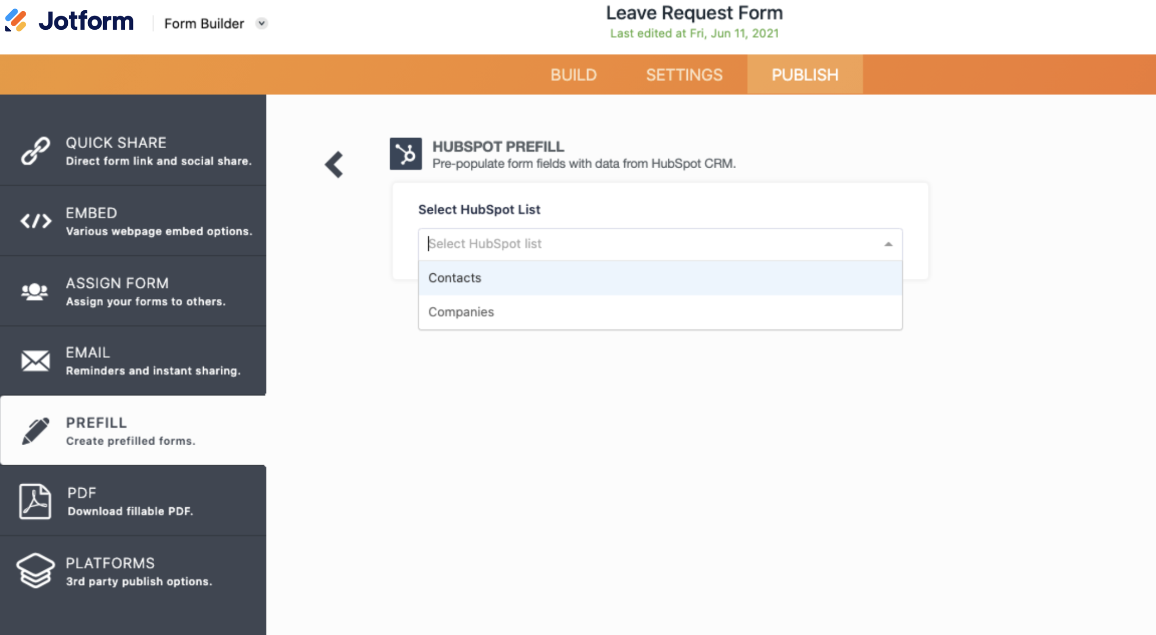 Screenshot of Hubspot Prefill Page Selecting From HubSpot List