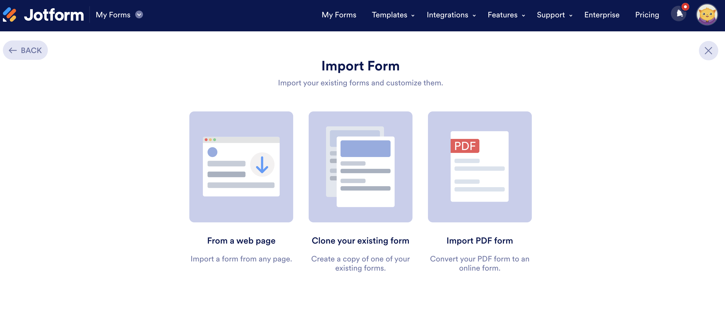 Screenshot of Import Form Page