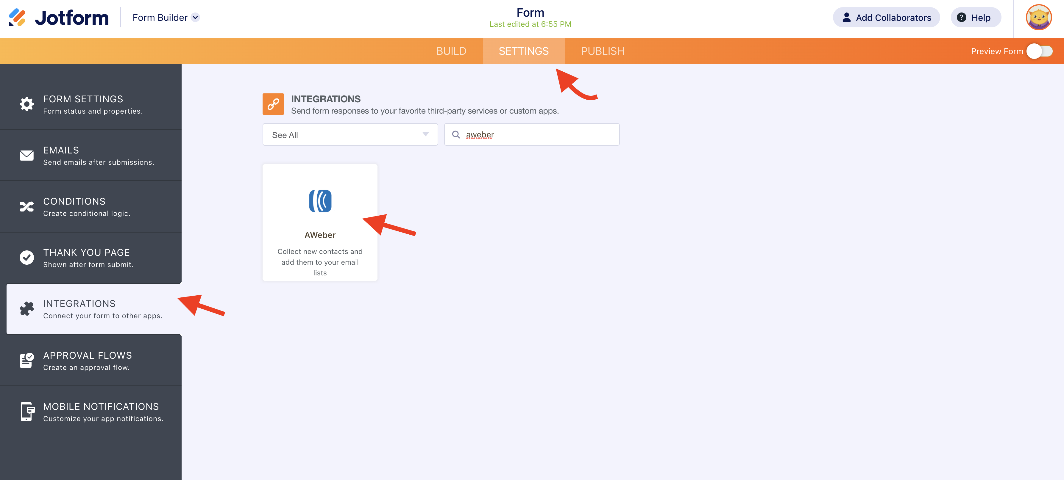Screenshot of Integrations Page Clicking on AWeber