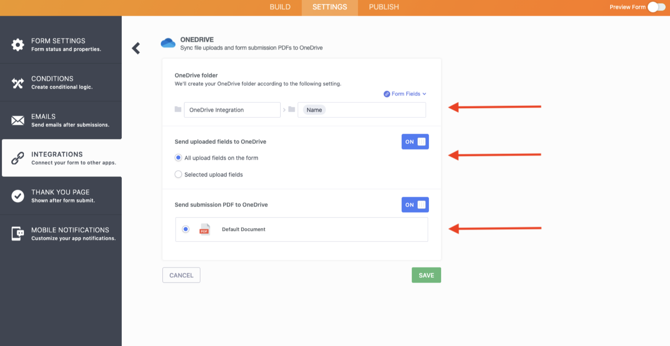 Screenshot of OneDrive Integrations Page Showing Integration Preferences
