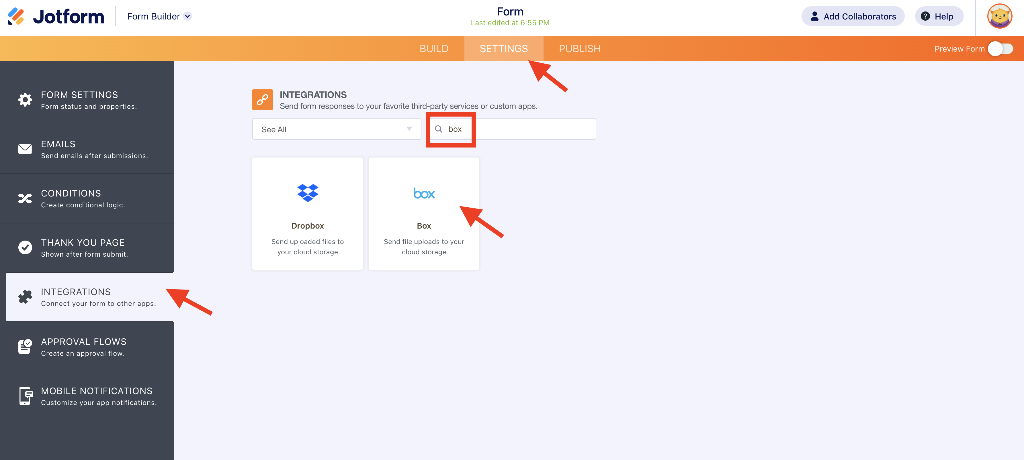 Screenshot of Integrations Page in Settings Searching for Box