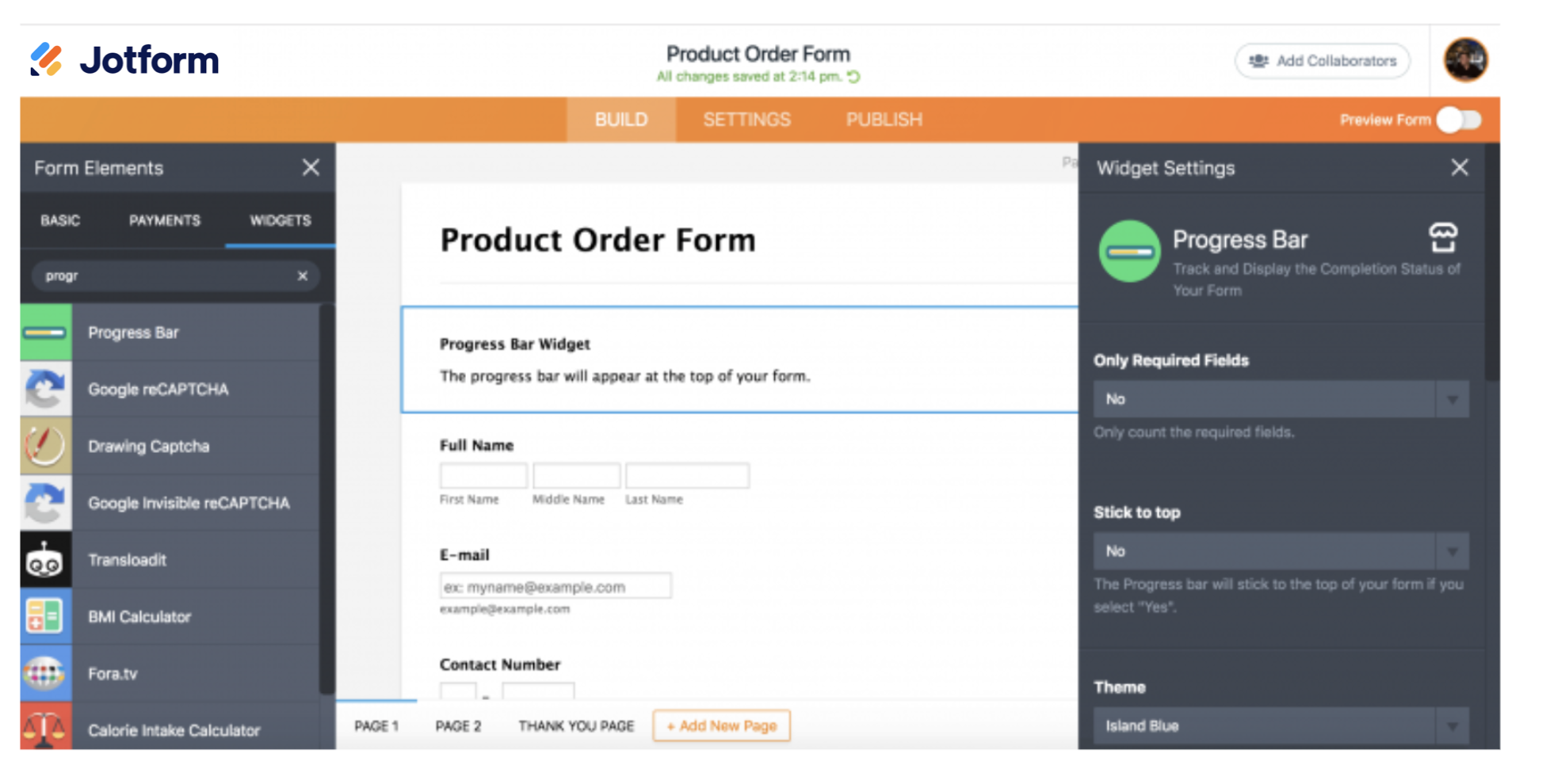 Screenshot of Form Builder Viewing Progress Bar Widget