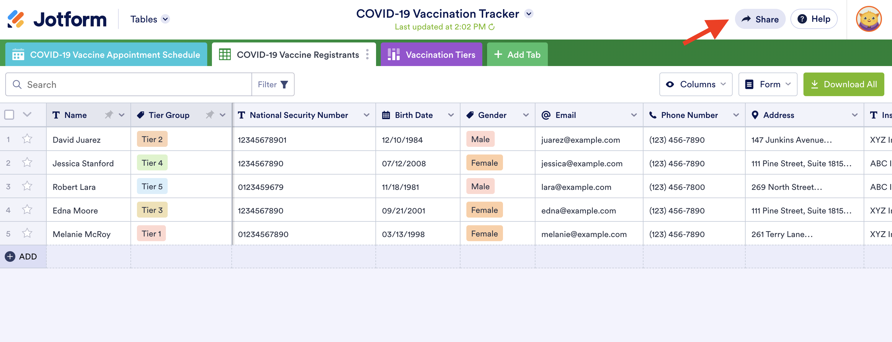 Screenshot of Jotform Tables Clicking on Share