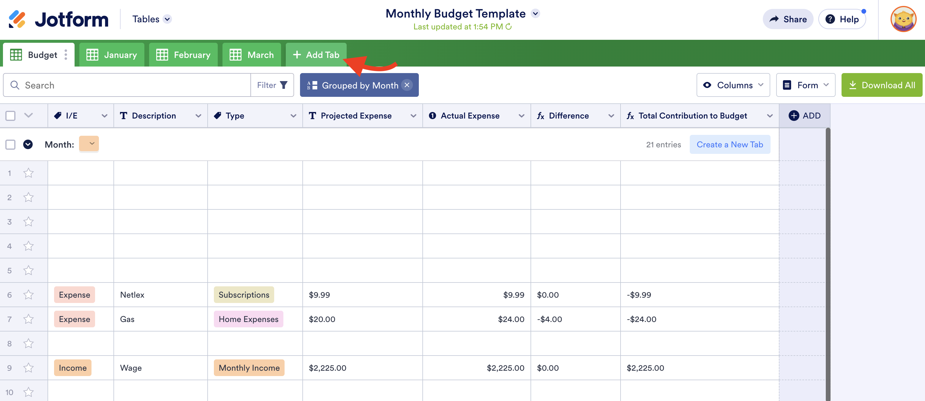 Image of Monthly Budget Template Clicking on Add Tab