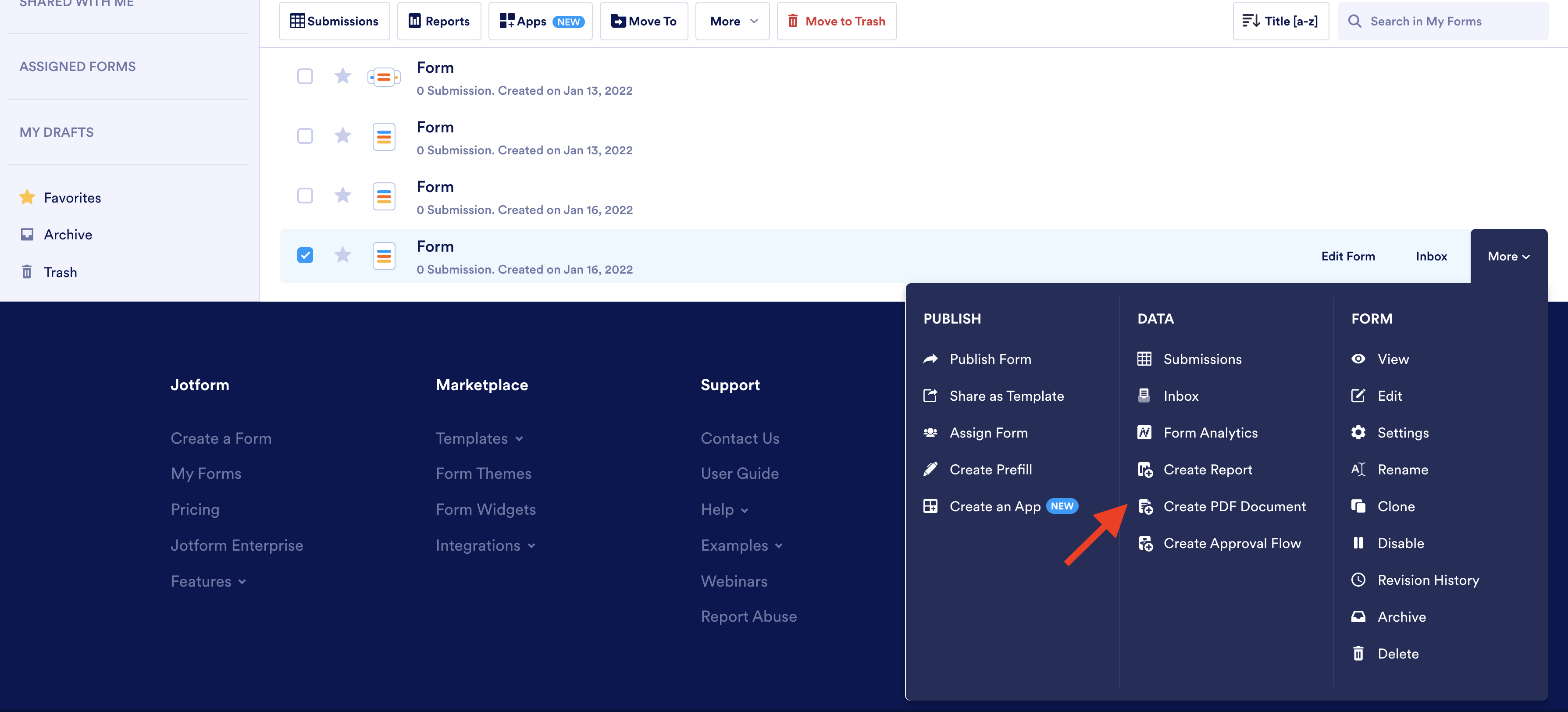 Screenshot of My Forms Page Clicking on Create PDF Document on More Dropdown