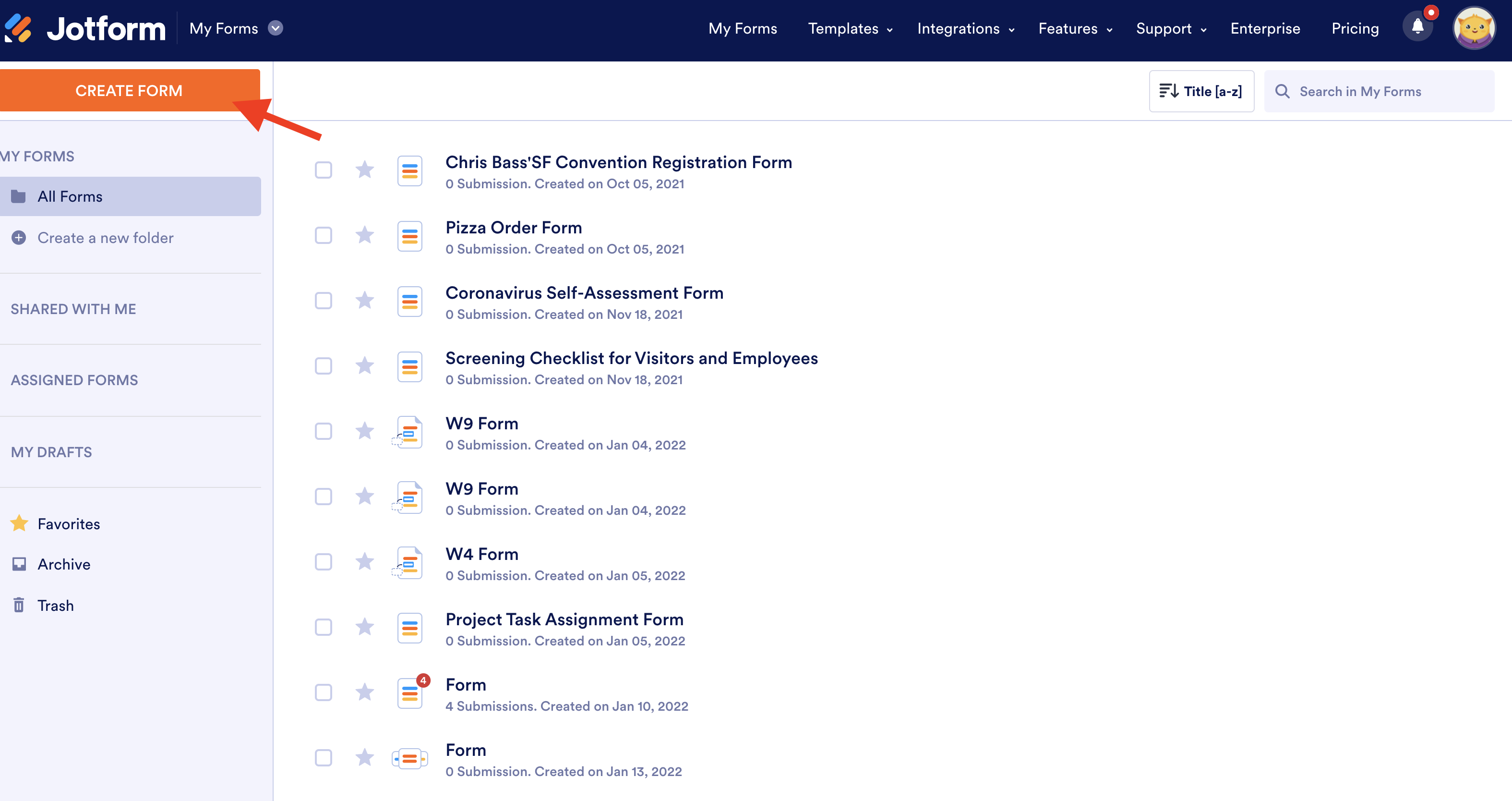 Screenshot of My Forms Page Clicking on Create Form