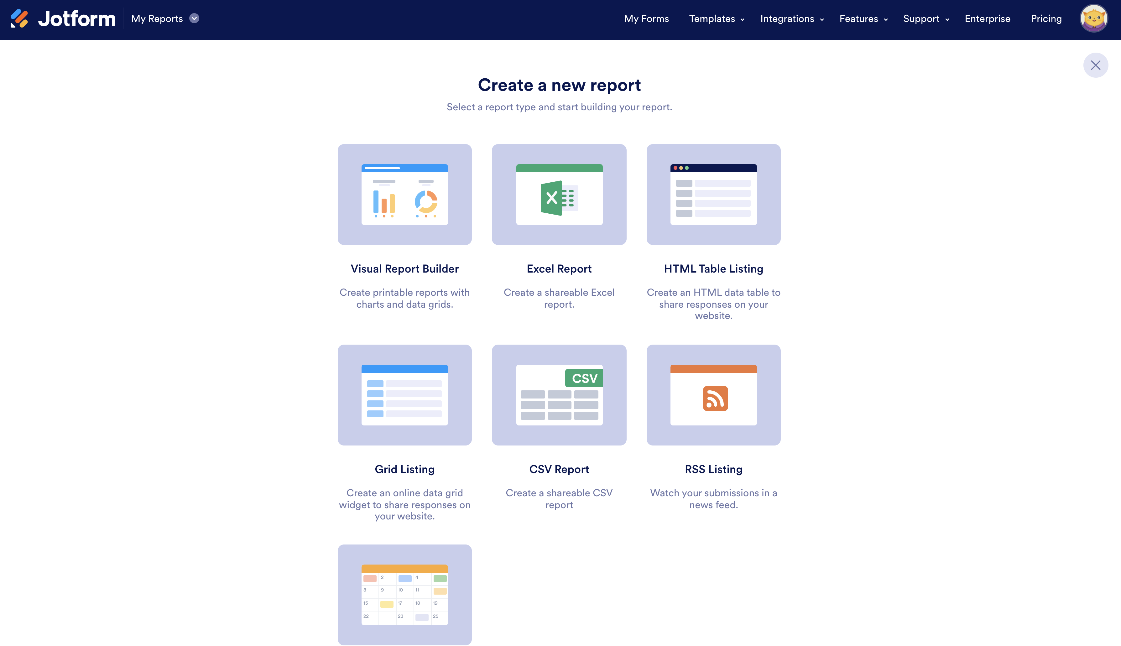 Screenshot of Create a New Report Page in Jotform Report Builder
