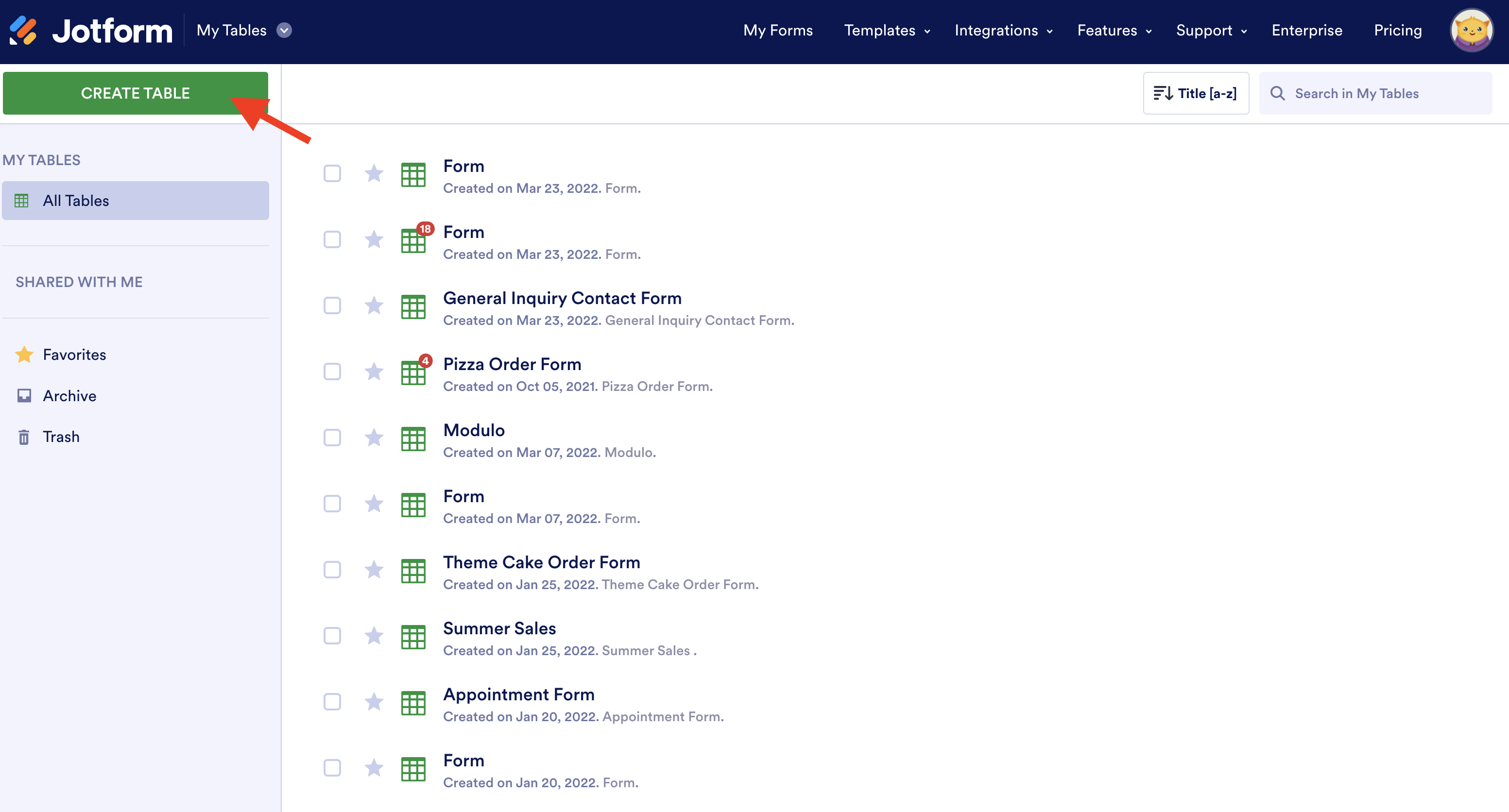 Screenshot of My Tables Page Clicking on Create Table
