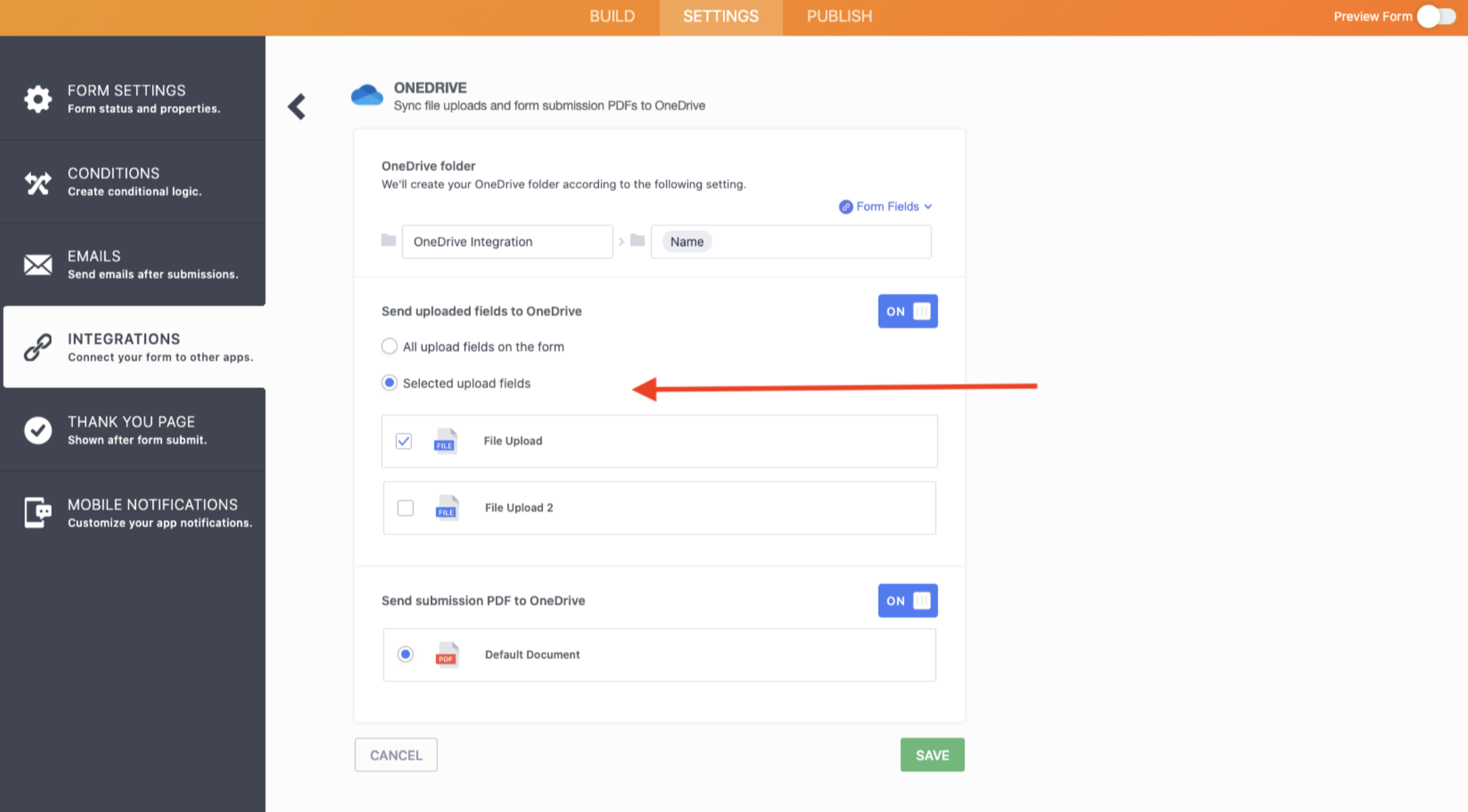 Screenshot of OneDrive Integrations Page Clicking on Selected Upload Fields