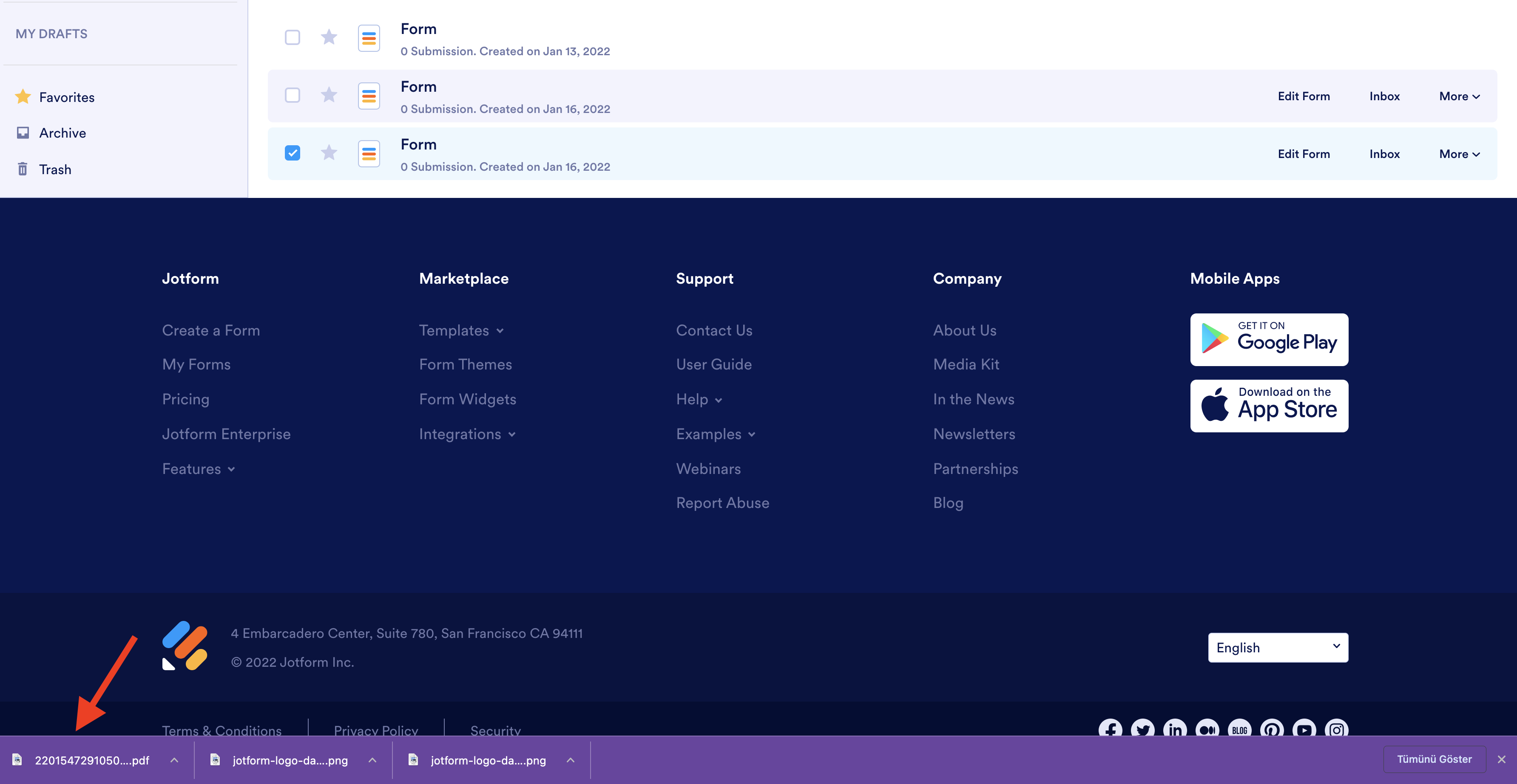 Screenshot of the Bottom of My Forms Page Opening PDF Document