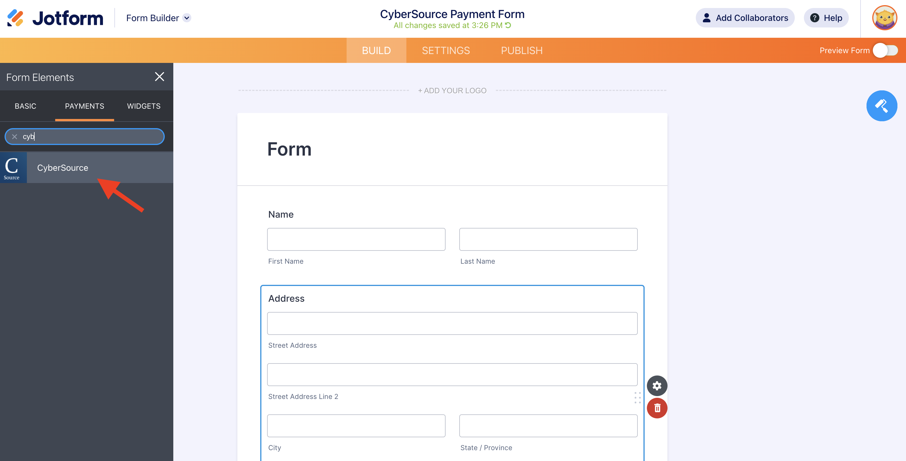 Screenshot of Payments Tab Searching for CyberSource