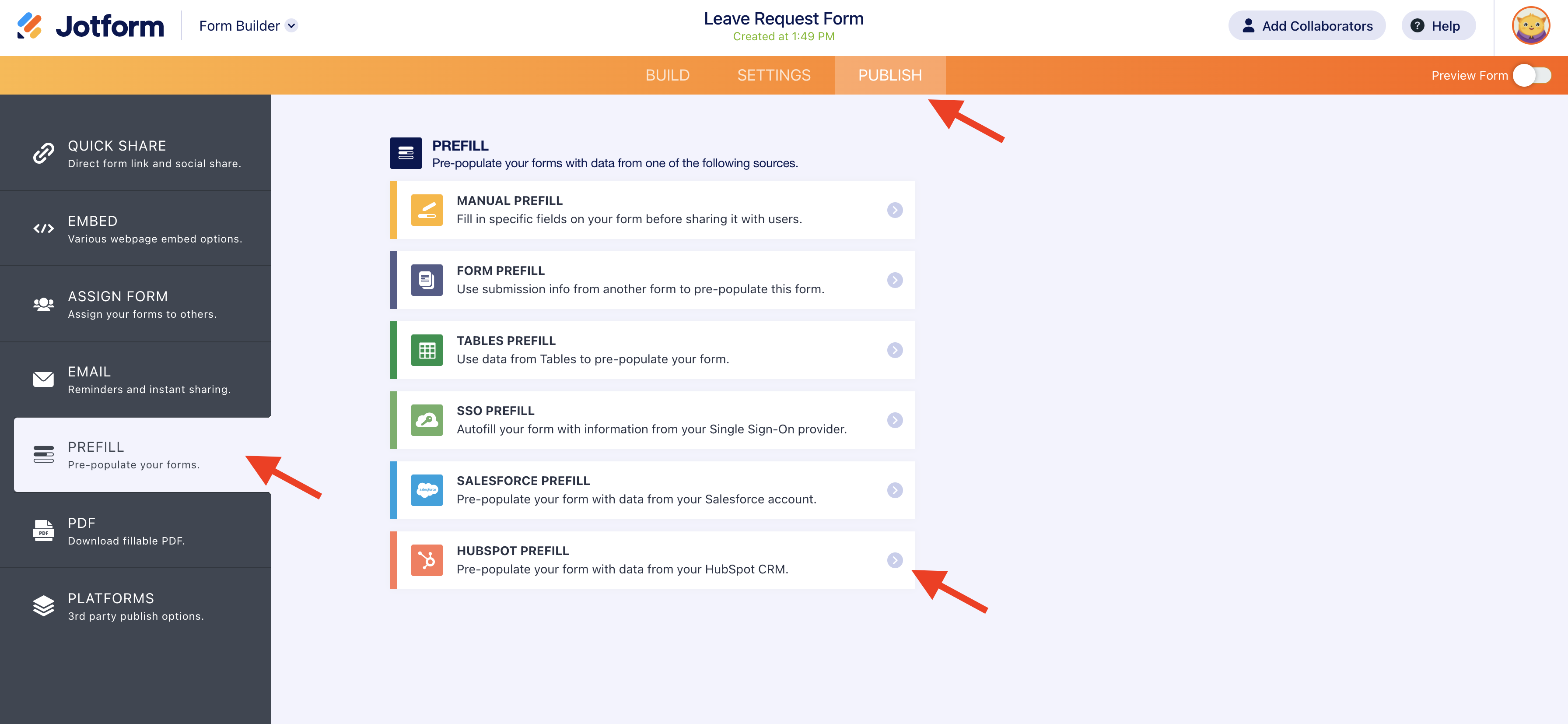 Screenshot of Prefill Section Under Publish Tab Clicking on Hubspot Prefill