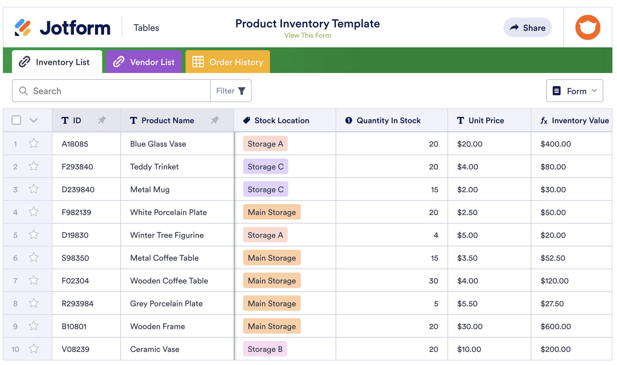 Image of Product Inventory Template