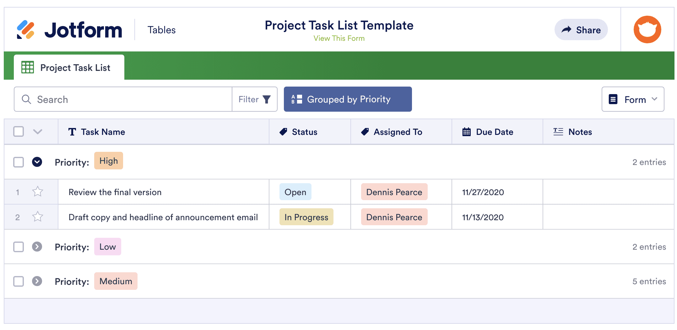 Image of Project Task List Template