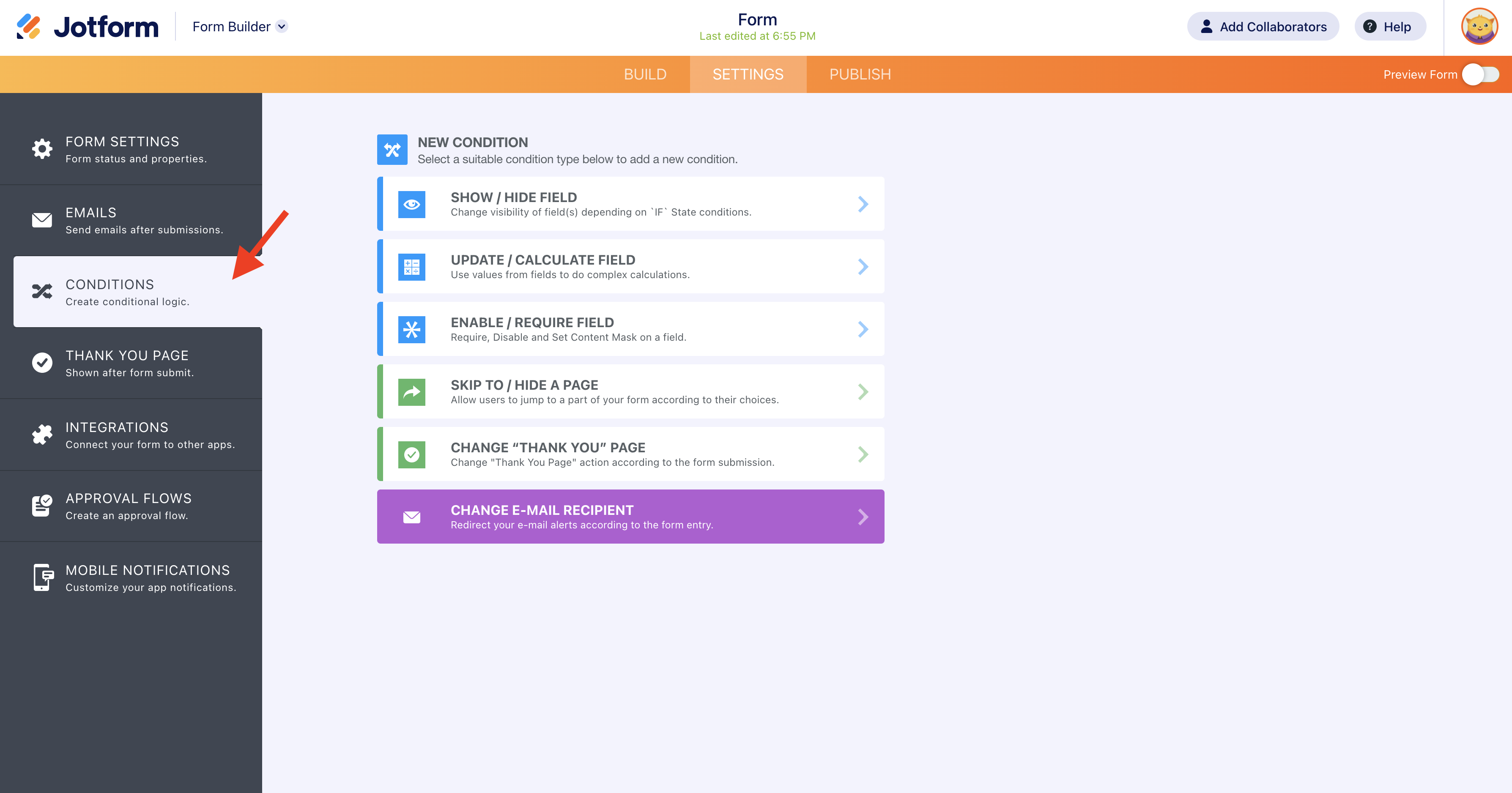Screenshot of Settings Tab Clicking on Conditions Button