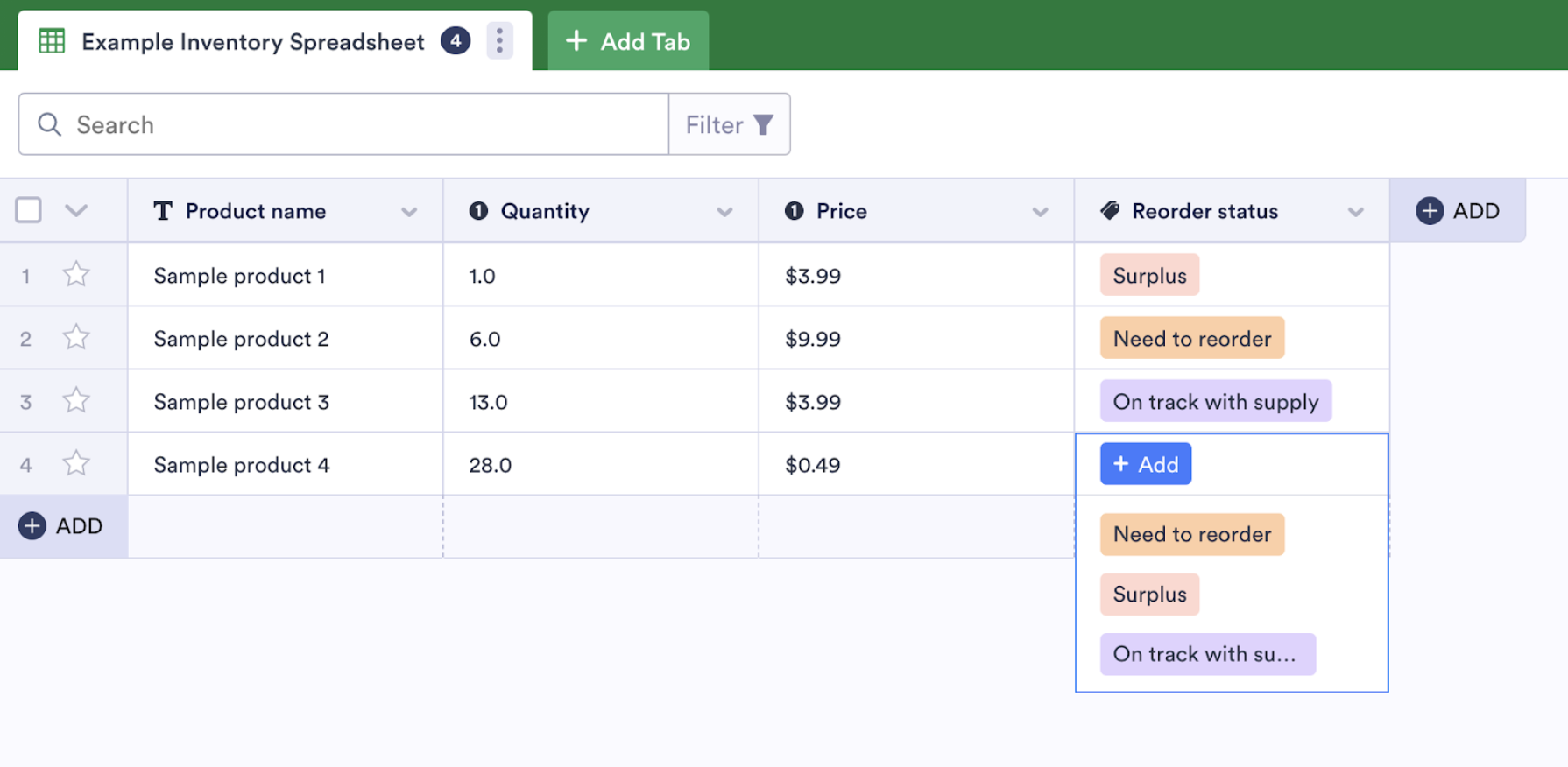 Screenshot of a Inventory Spreadsheet