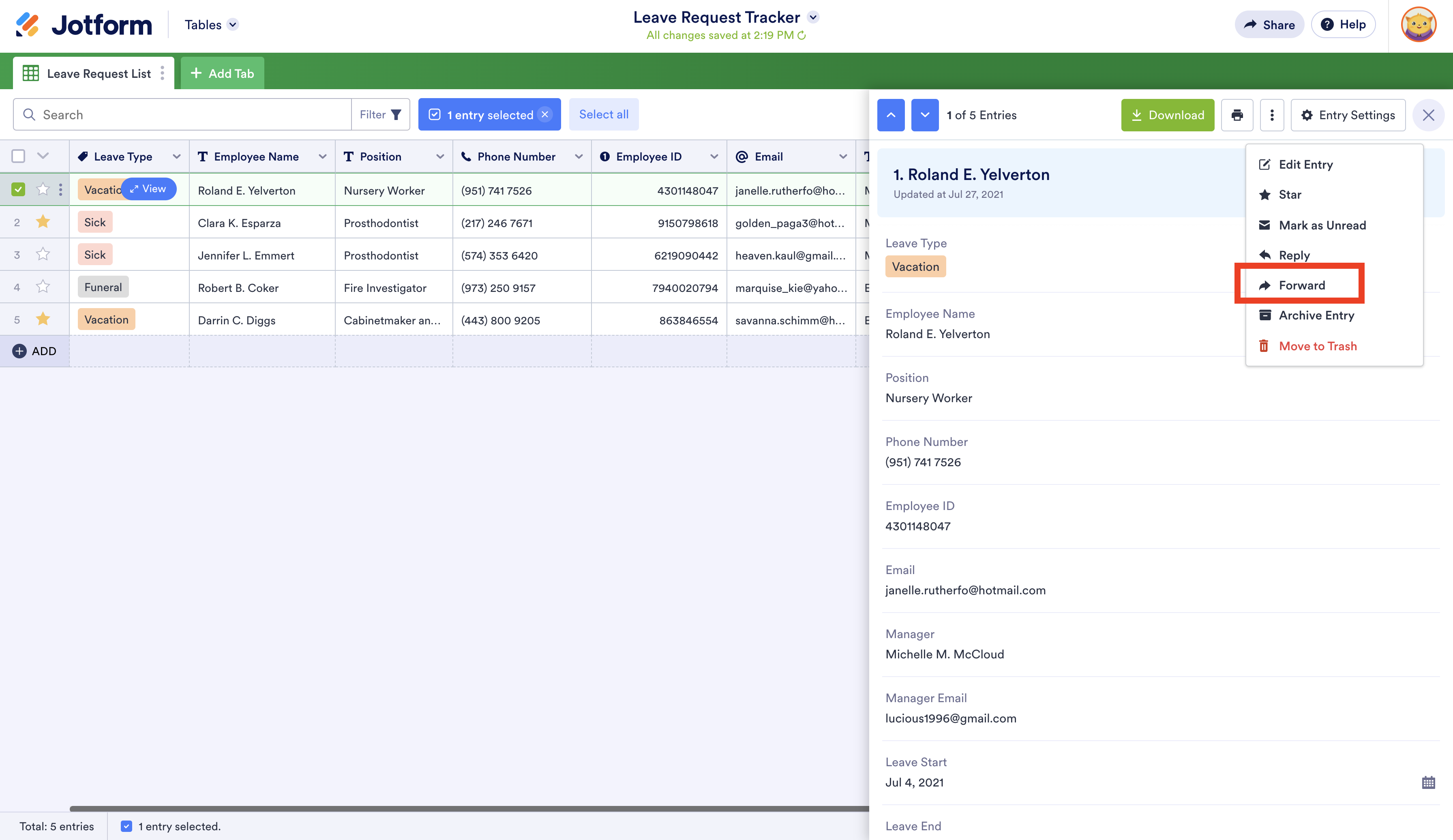 Screenshot of Tables Clicking on Forward