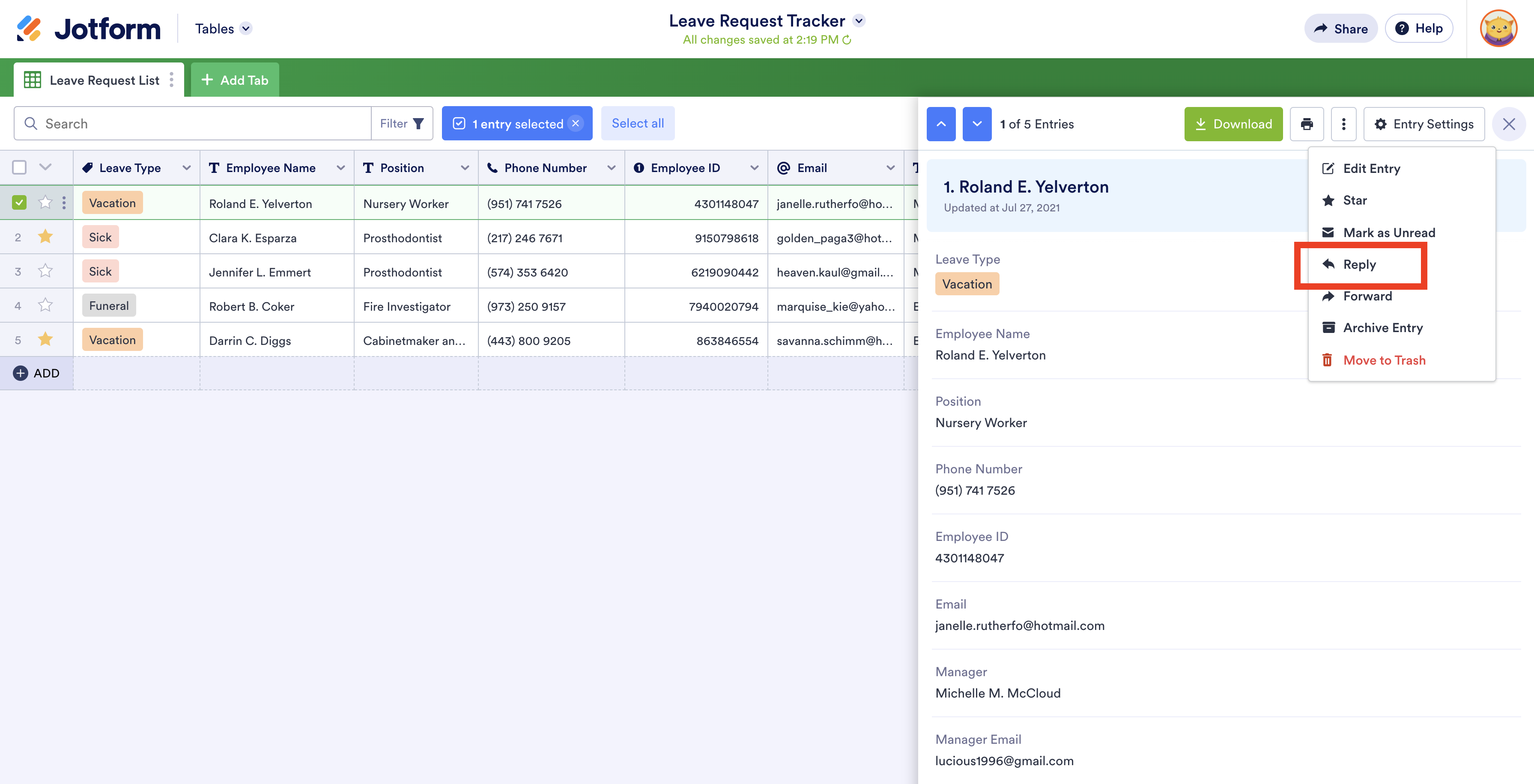 Screenshot of Tables Clicking on Reply