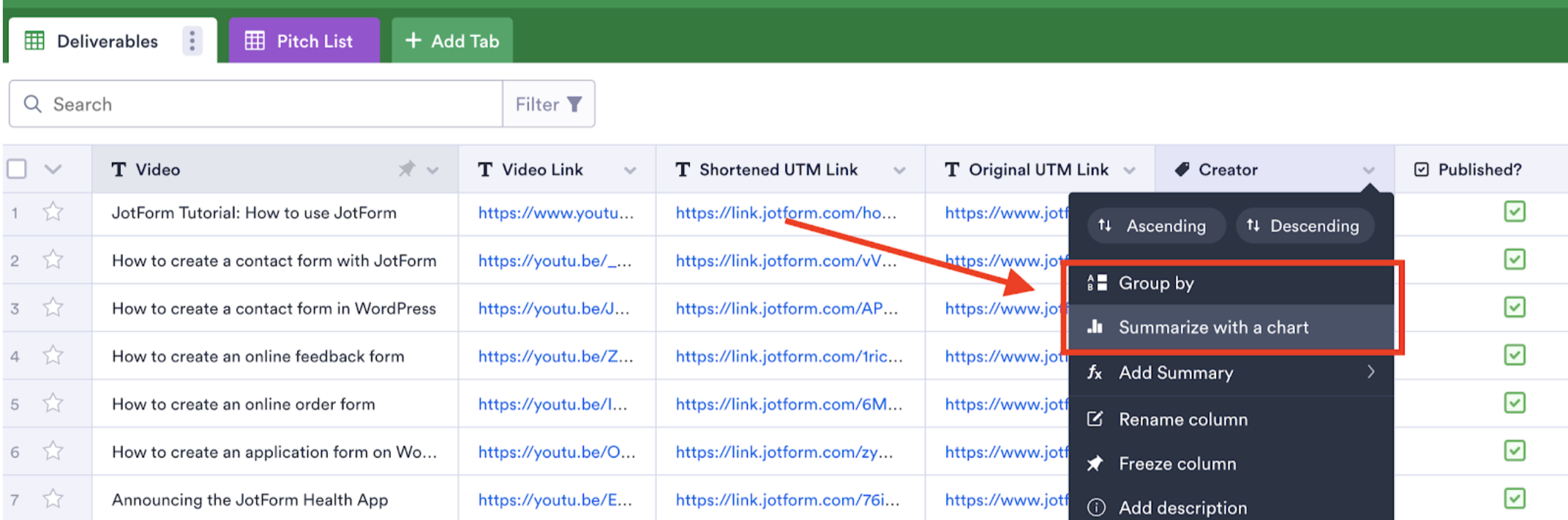 Screenshot of Tables Clicking on Summarize with a Chart