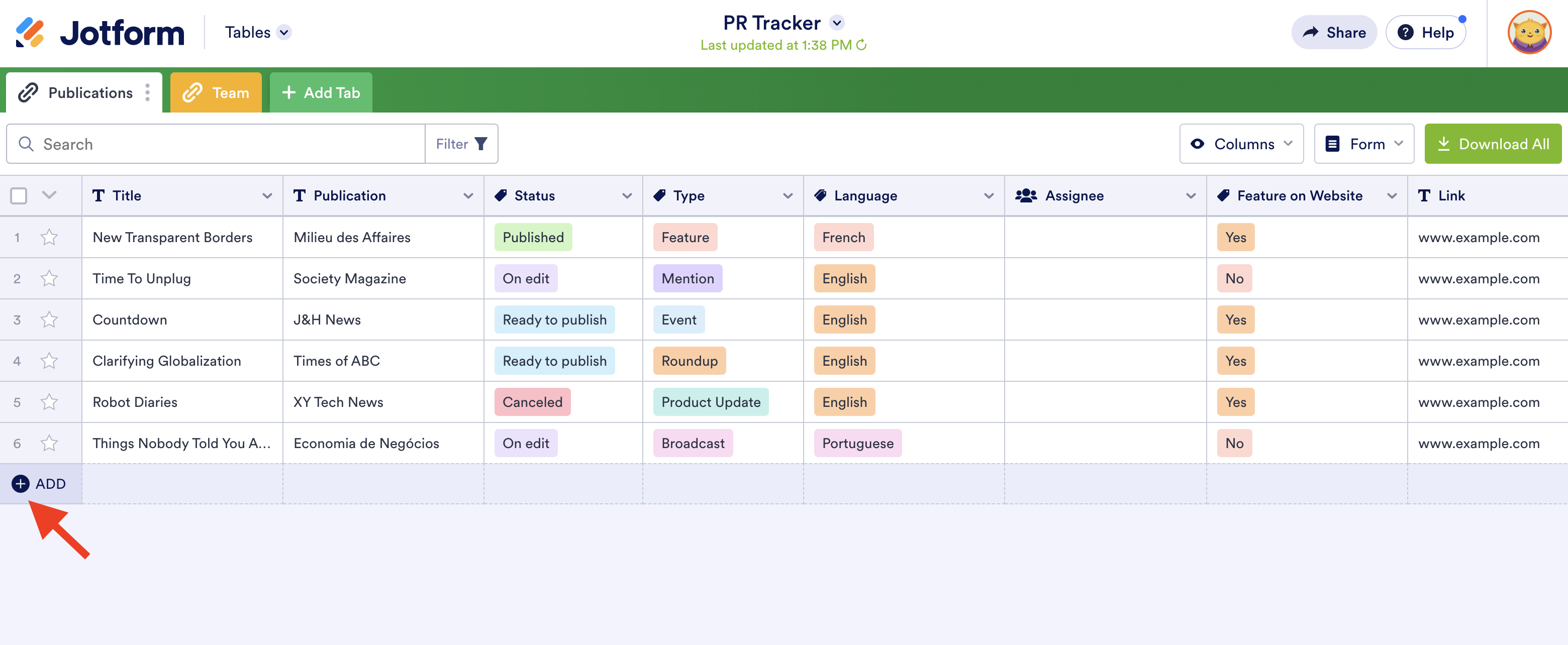 Image of PR Tracker in Jotform Tables Clicking on Add Button