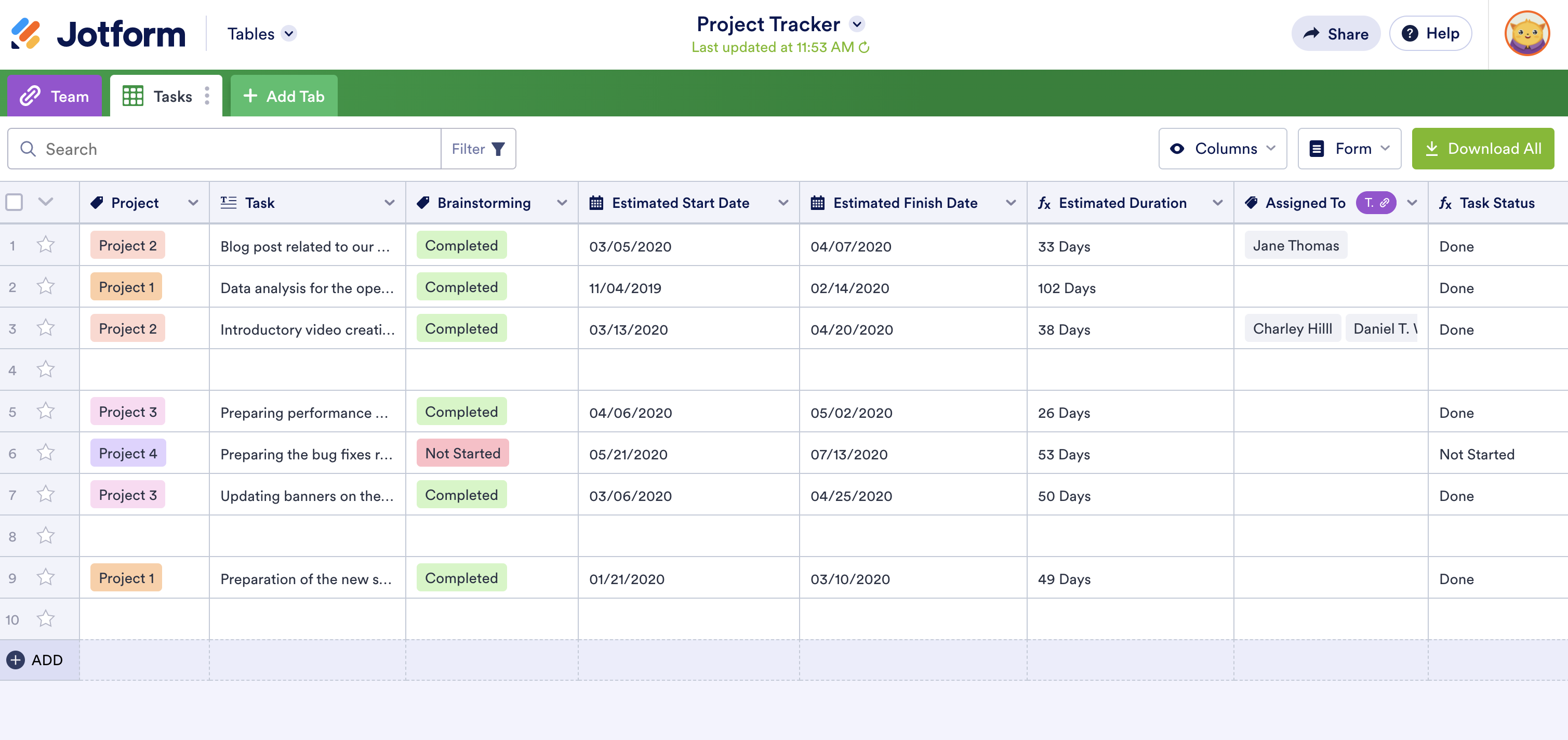 Image of Project Tracker Template in Jotform Tables