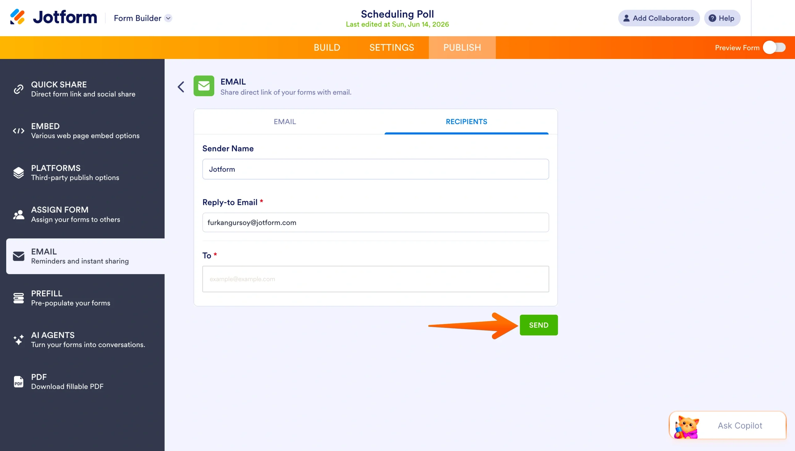 Jotform Recipients tab showing sender, reply-to, and recipient fields with the Send button