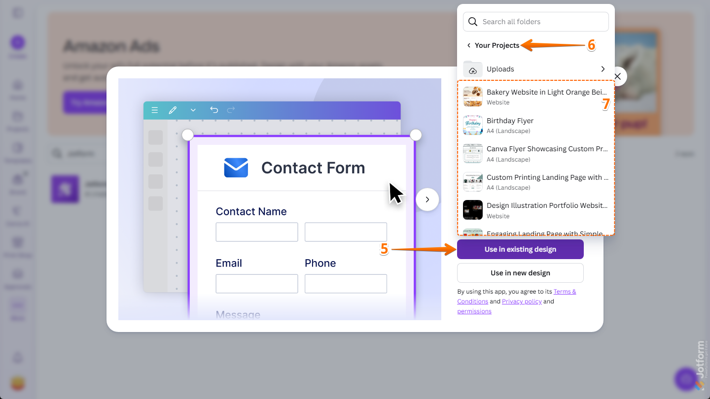 Canvaのアプリページにあるjotform Canvaアプリウィンドウの既存のデザインで使用オプション。