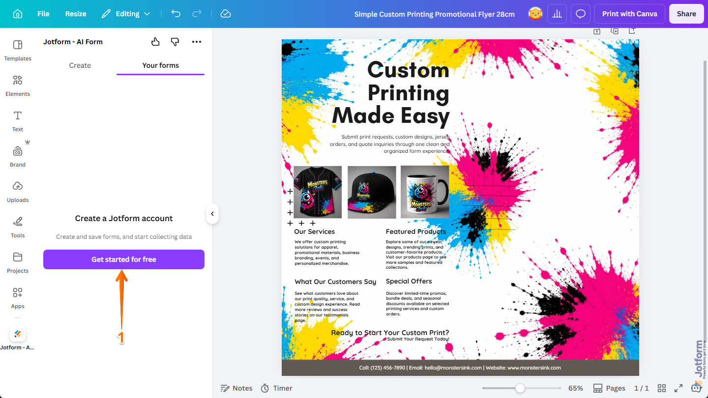 Canvaのデザインエディタ内のjotform Canvaアプリにある無料で始めるボタン。