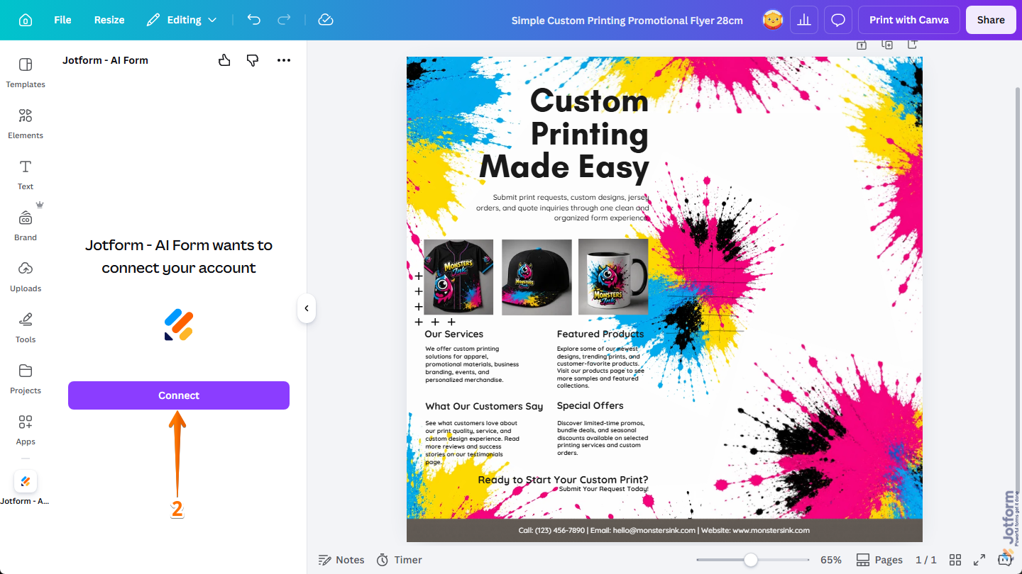 Canvaのデザインエディタ内のjotform Canvaアプリにある接続ボタン。