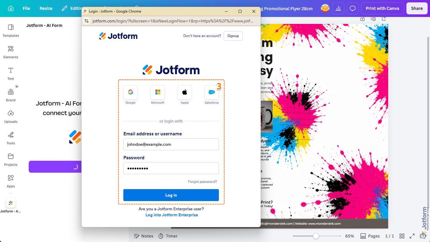 Canvaのデザインエディタ内のjotform Canvaアプリのjotformログインウィンドウ。