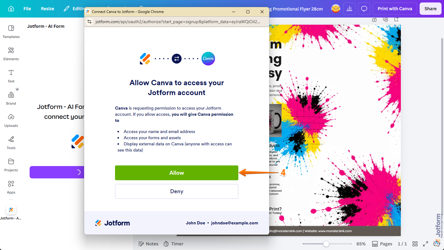 Canvaのデザインエディタ内のjotform CanvaアプリのCanvaアクセスを許可ウィンドウ。