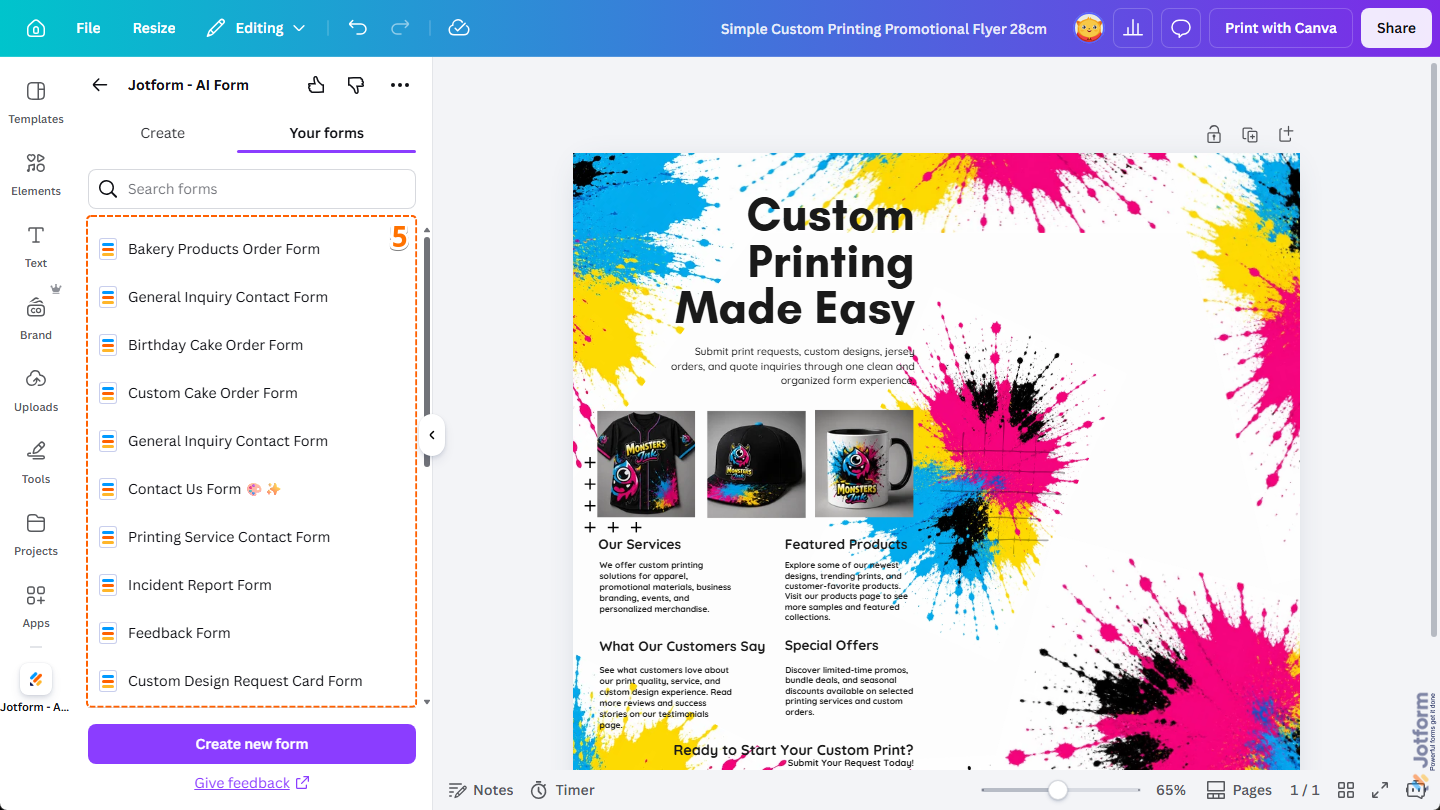 Canvaのデザインエディタ内のjotform Canvaアプリのあなたのフォームタブにあるアカウントの既存のjotformフォーム。