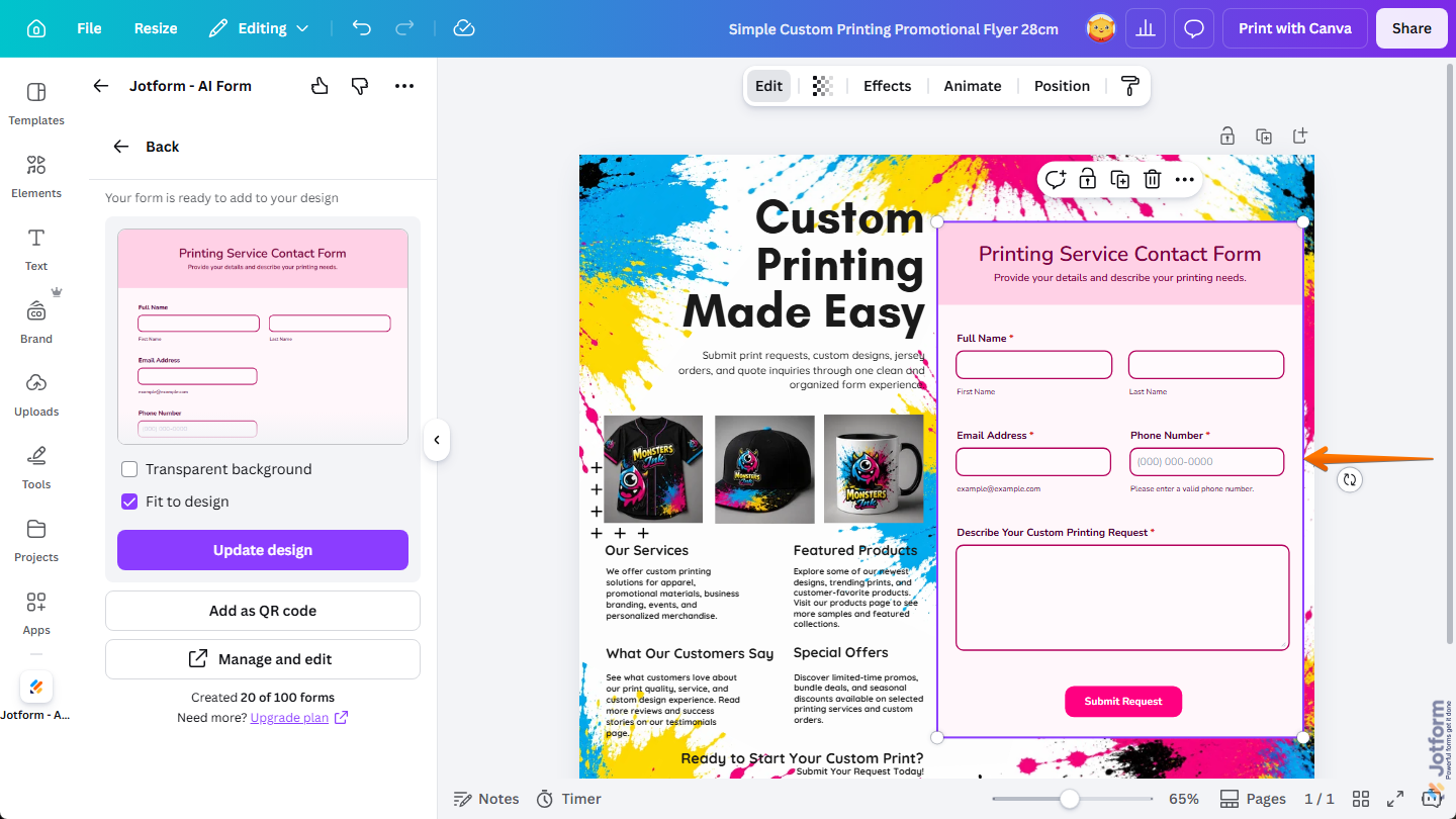 Canvaのデザインエディタ内のデザインに配置されたjotformフォーム。