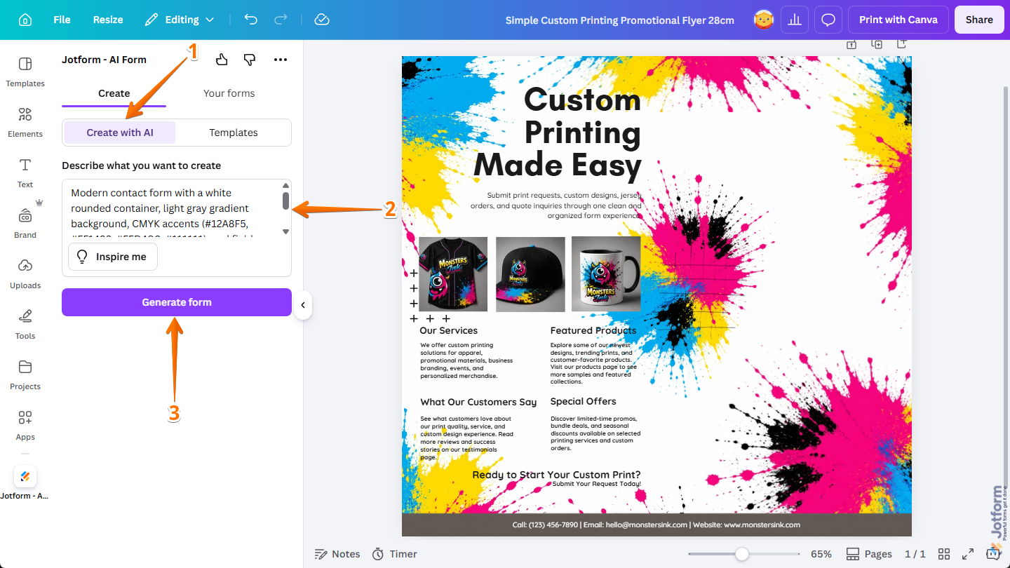 Canvaのデザインエディタ内のjotform Canvaアプリの作成タブにあるAIで作成オプションのフォームを生成ボタンとプロンプトボックス。