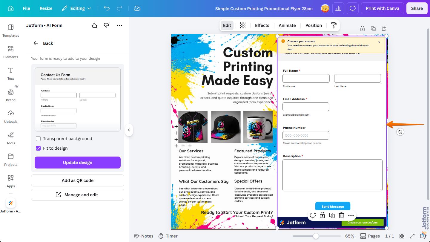 Canvaのデザインエディタ内のデザインに配置されたAI生成のjotformフォーム。