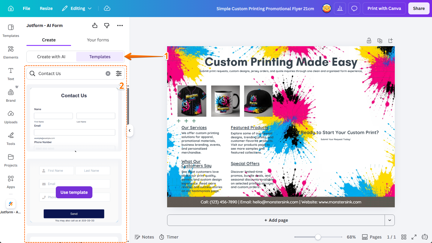 Canvaのデザインエディタ内のjotform Canvaアプリの作成タブにあるテンプレートオプションのjotformフォームテンプレート。