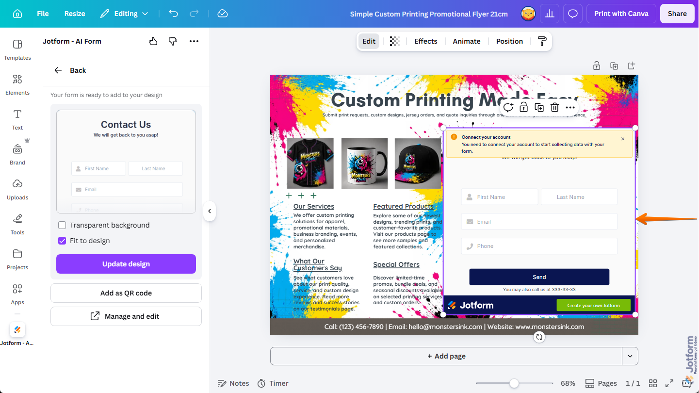 Canvaのデザインエディタ内のデザインに配置されたテンプレートベースで作成されたjotformフォーム。