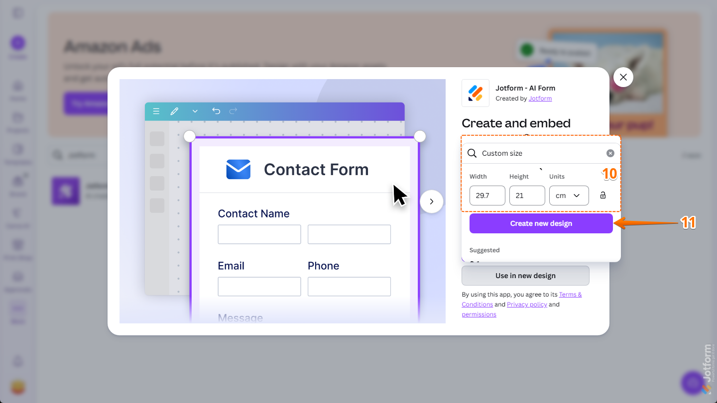 Canvaのアプリページにあるjotform Canvaアプリウィンドウのカスタムサイズオプションの新しいデザインを作成ボタン。