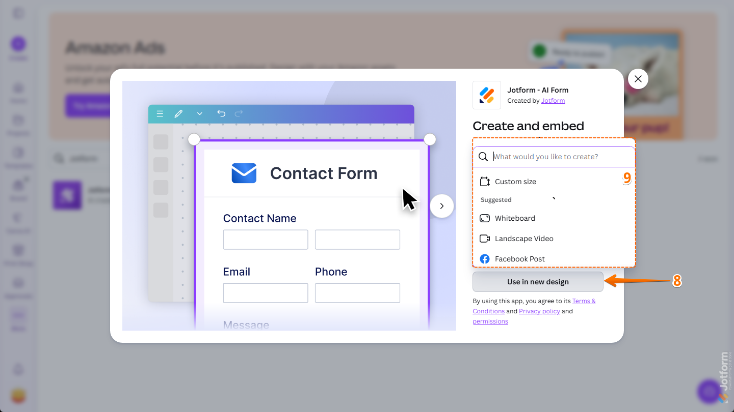 Canvaのアプリページにあるjotform Canvaアプリウィンドウの新しいデザインで使用オプション。