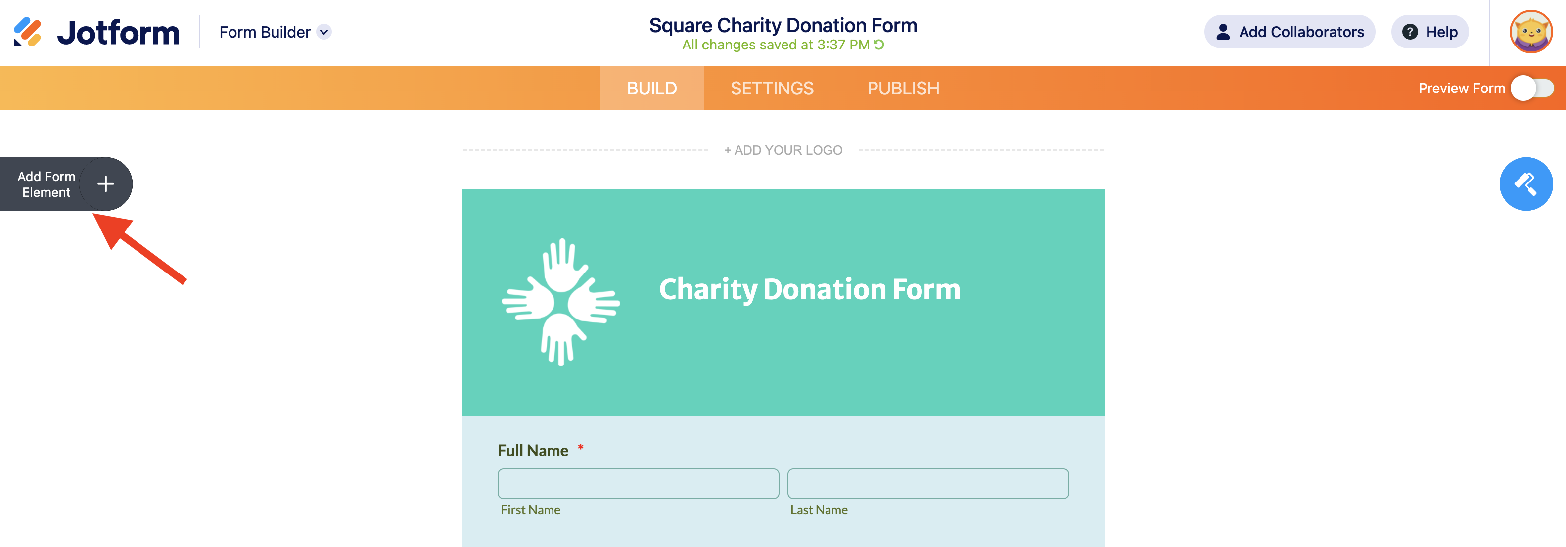 Screenshot of Form Builder Clicking on Add Form Element