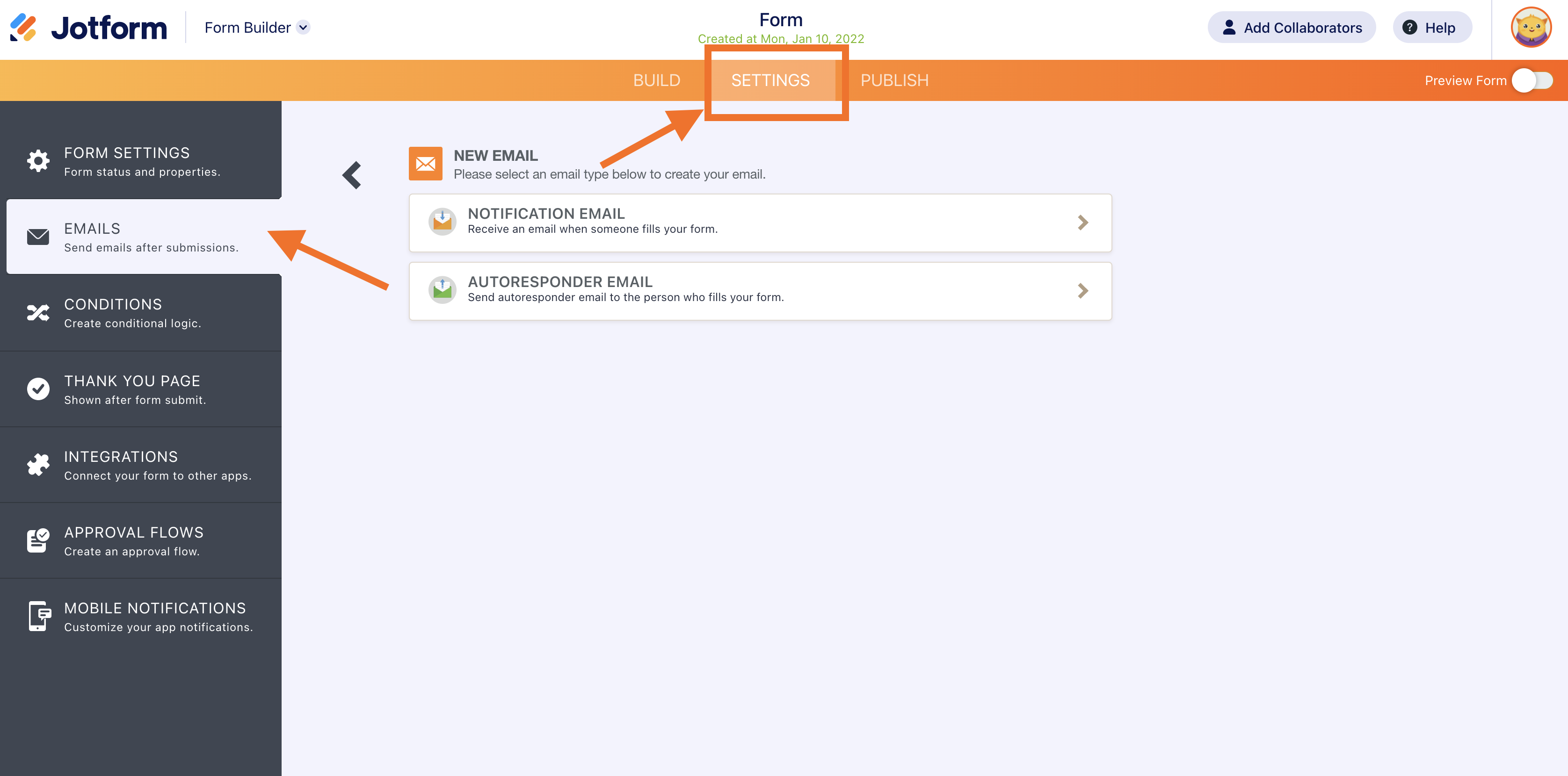 Screenshot of the Form Builder Clicking on the Settings and Selecting Emails Tab