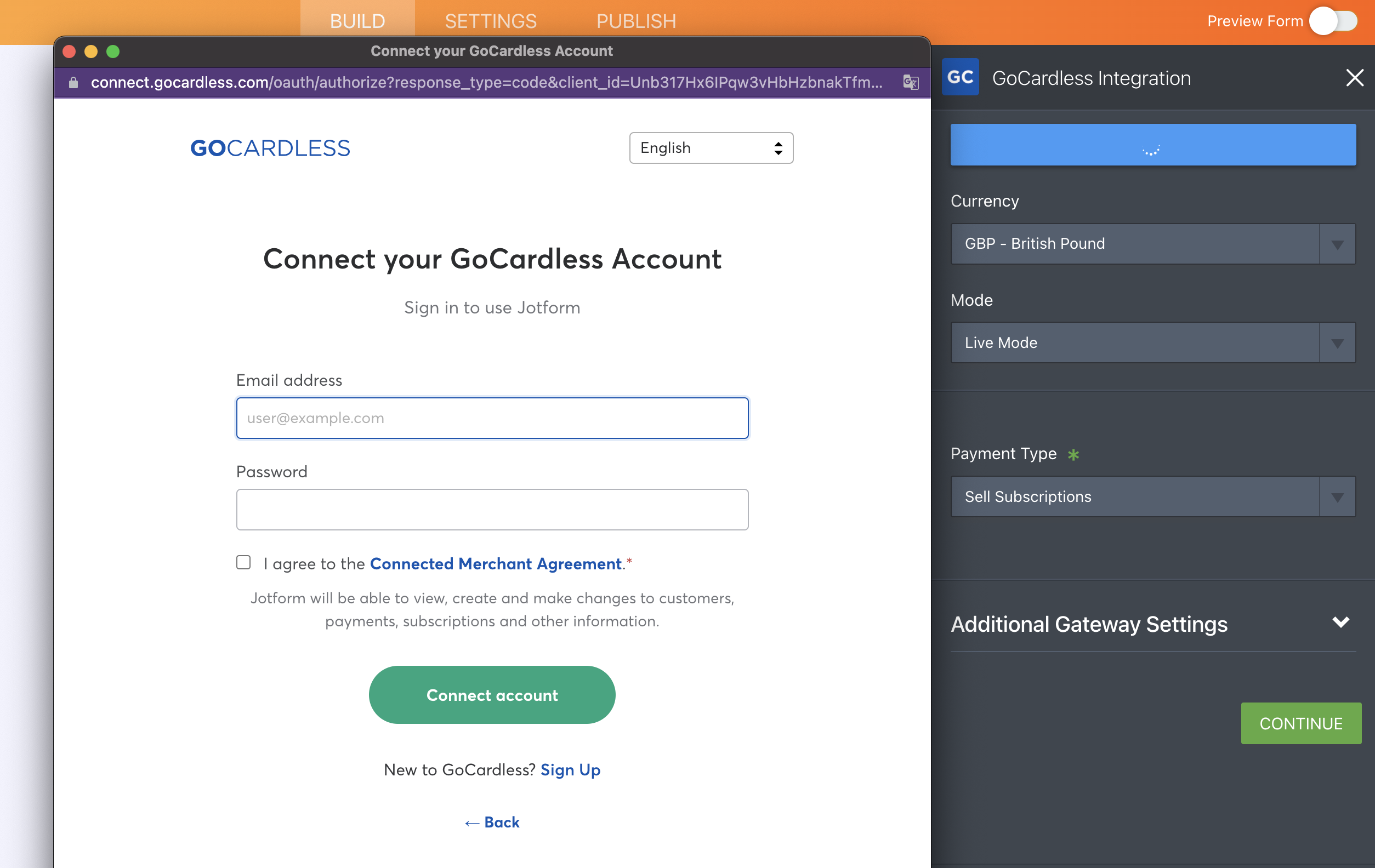 Screenshot of GoCardless Integration Connecting to the Account