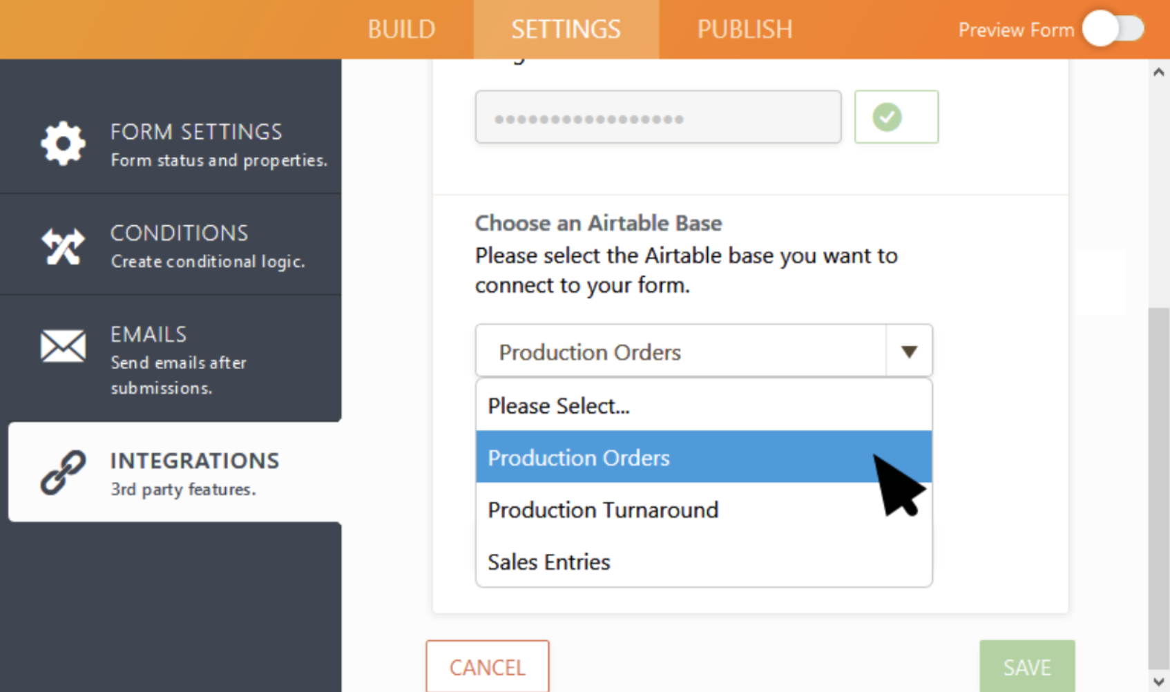 Screenshot of Integrations Page Choosing an Airtable Base